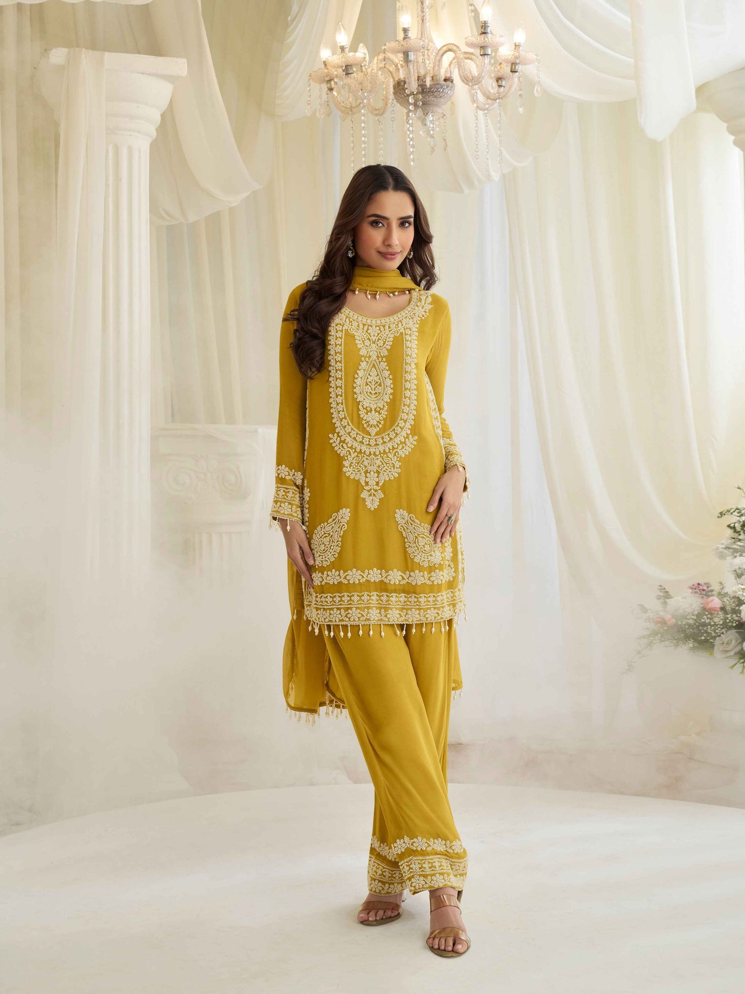 Mustard Yellow Beads Embroidered Chinon Silk Palazzo Suit Palazzo Suit Anant Tex Exports Pvt.Ltd..