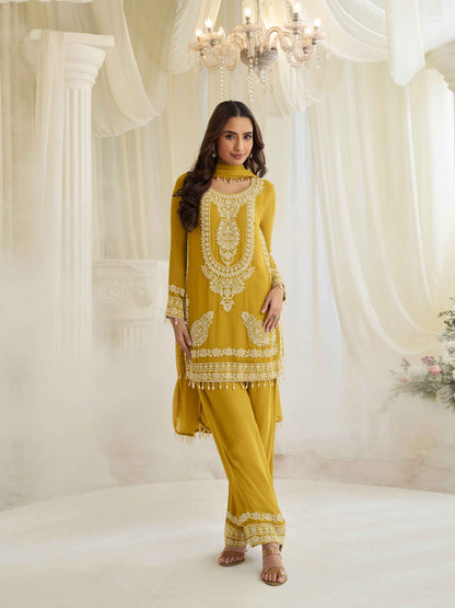 Mustard Yellow Beads Embroidered Chinon Silk Palazzo Suit Palazzo Suit Anant Tex Exports Pvt.Ltd..