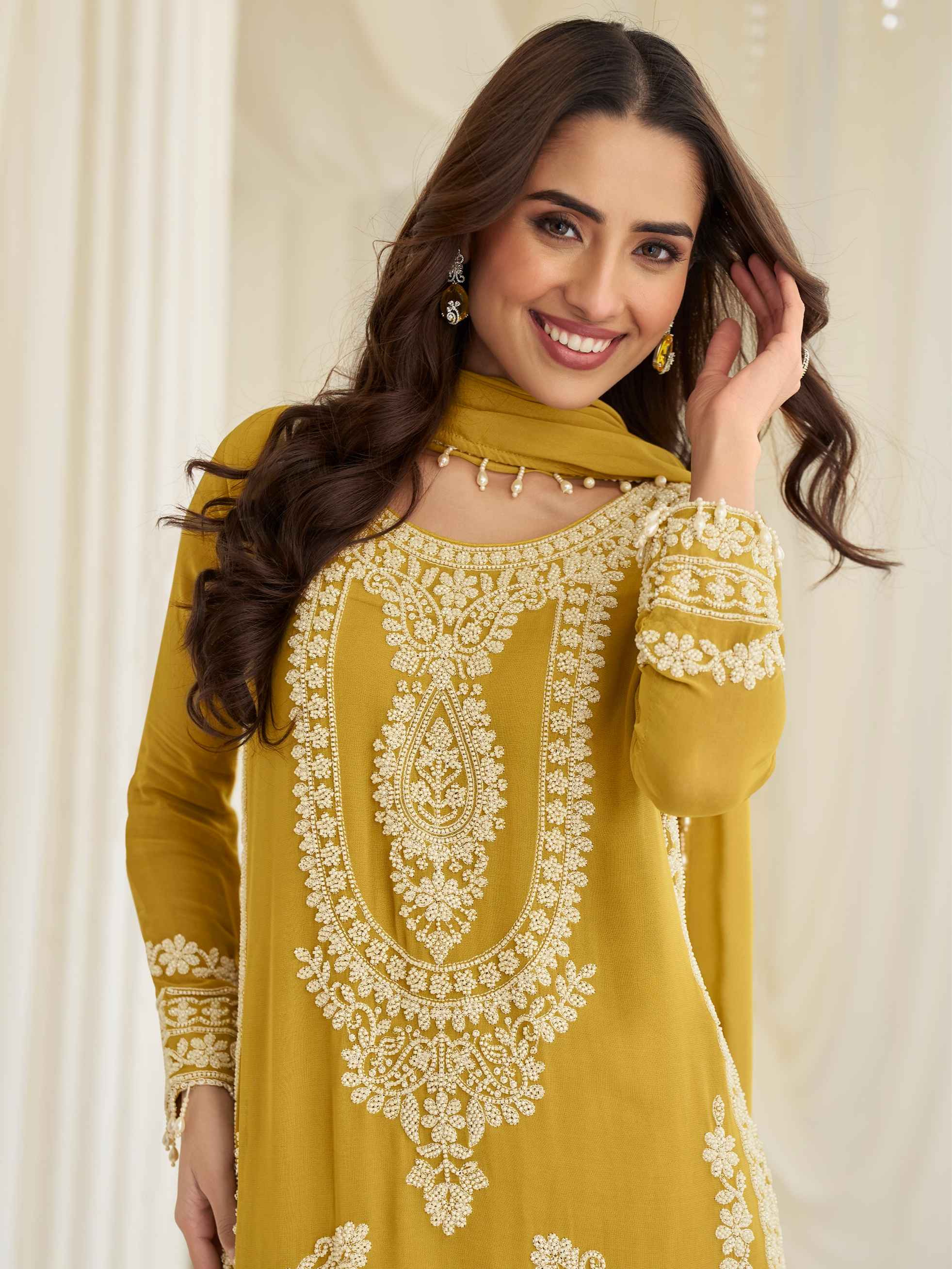 Mustard Yellow Beads Embroidered Chinon Silk Palazzo Suit Palazzo Suit Anant Tex Exports Pvt.Ltd..