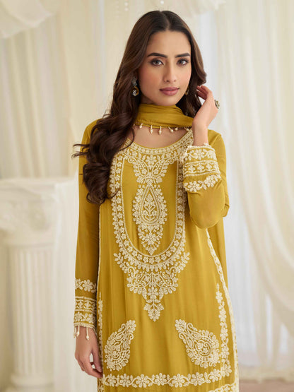 Mustard Yellow Beads Embroidered Chinon Silk Palazzo Suit Palazzo Suit Anant Tex Exports Pvt.Ltd..