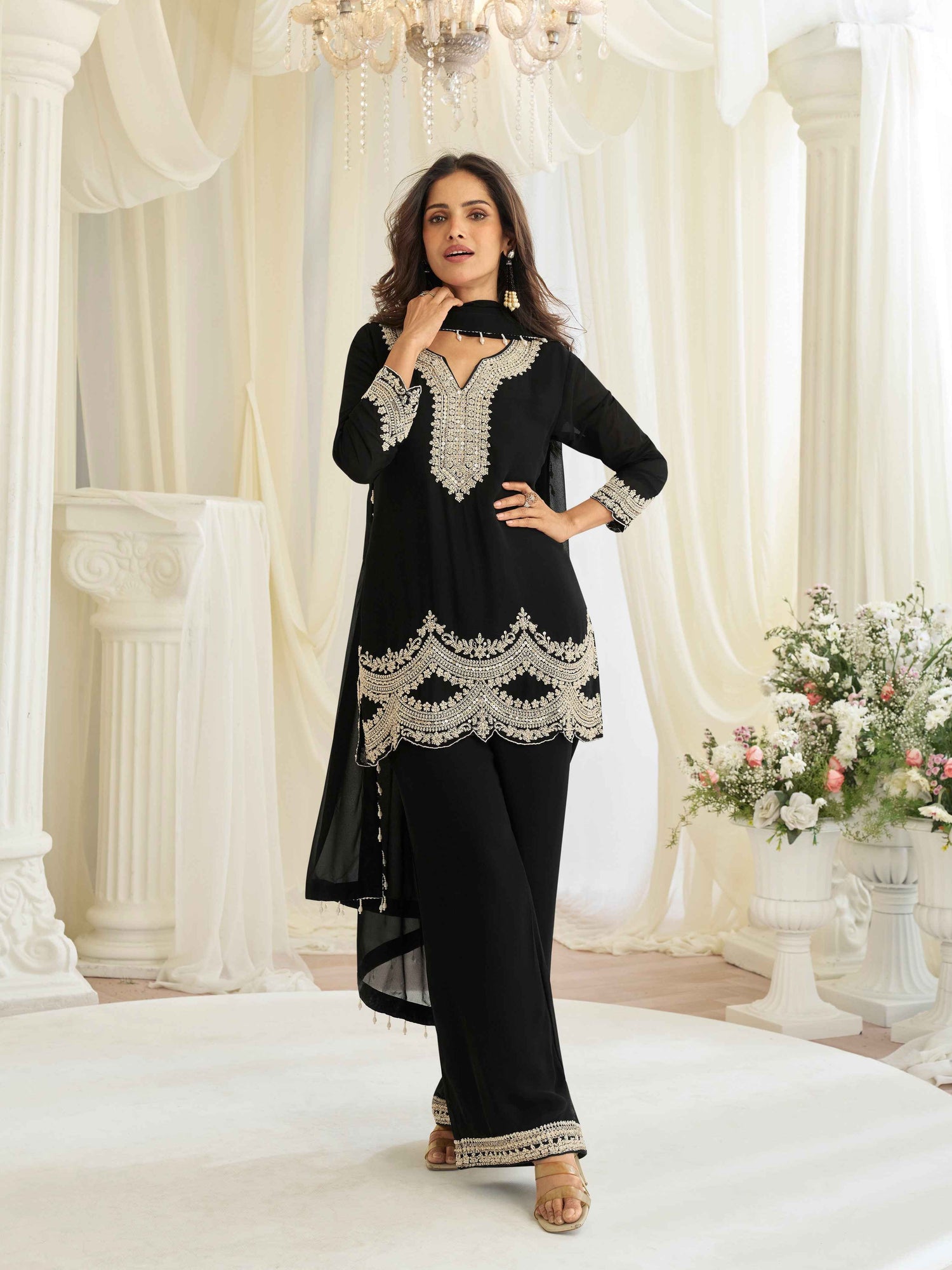 Classic Black Heavy Embroidered Chinon Silk Palazzo Suit with Dupatta Palazzo Suit Anant Tex Exports Pvt.Ltd..