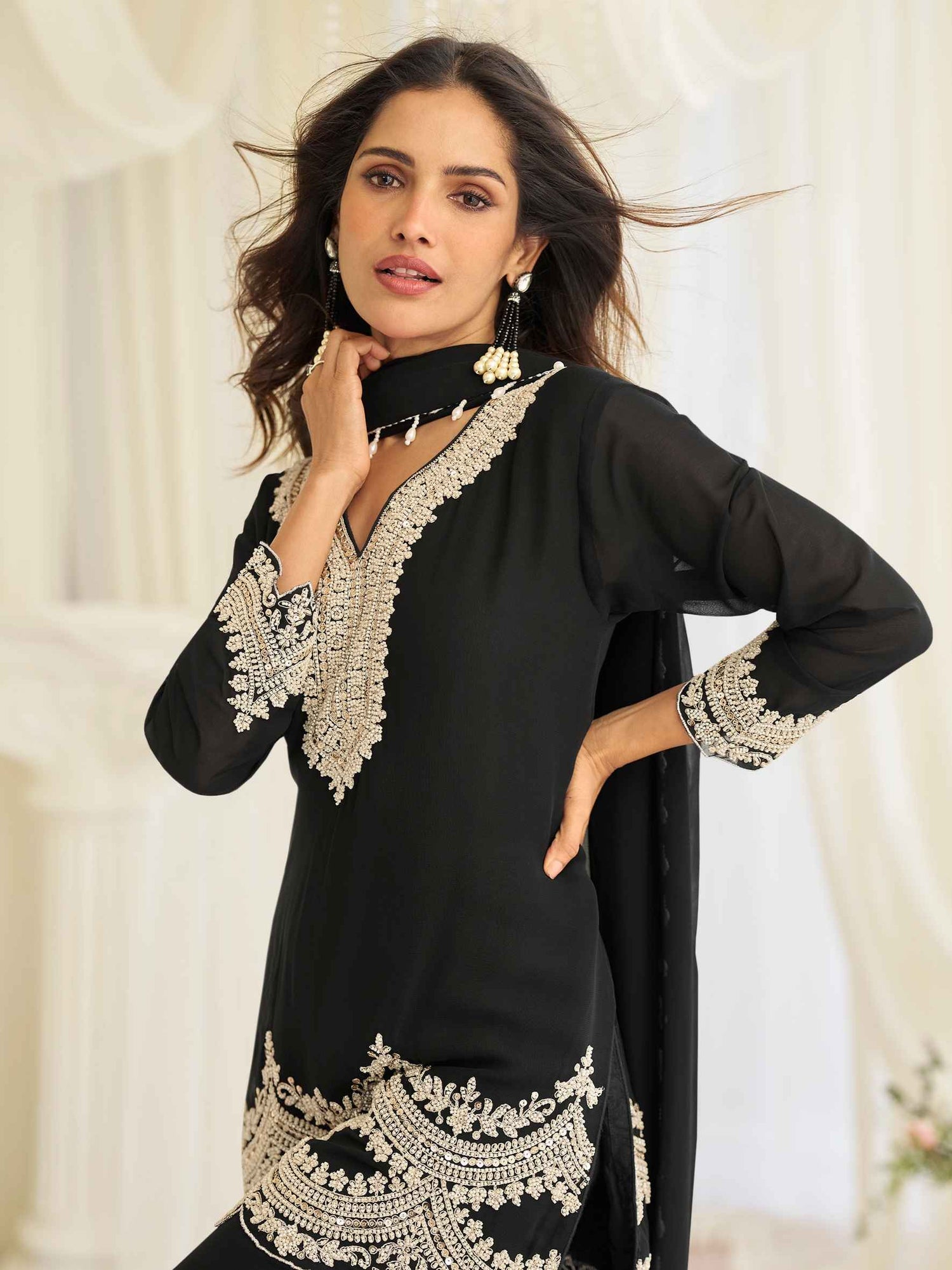 Classic Black Heavy Embroidered Chinon Silk Palazzo Suit with Dupatta Palazzo Suit Anant Tex Exports Pvt.Ltd..