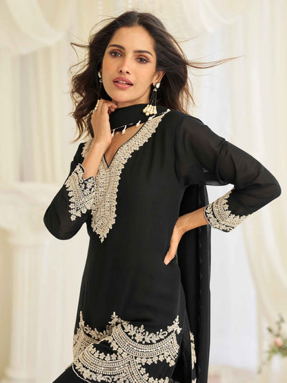 Classic Black Heavy Embroidered Chinon Silk Palazzo Suit with Dupatta Palazzo Suit Anant Tex Exports Pvt.Ltd..