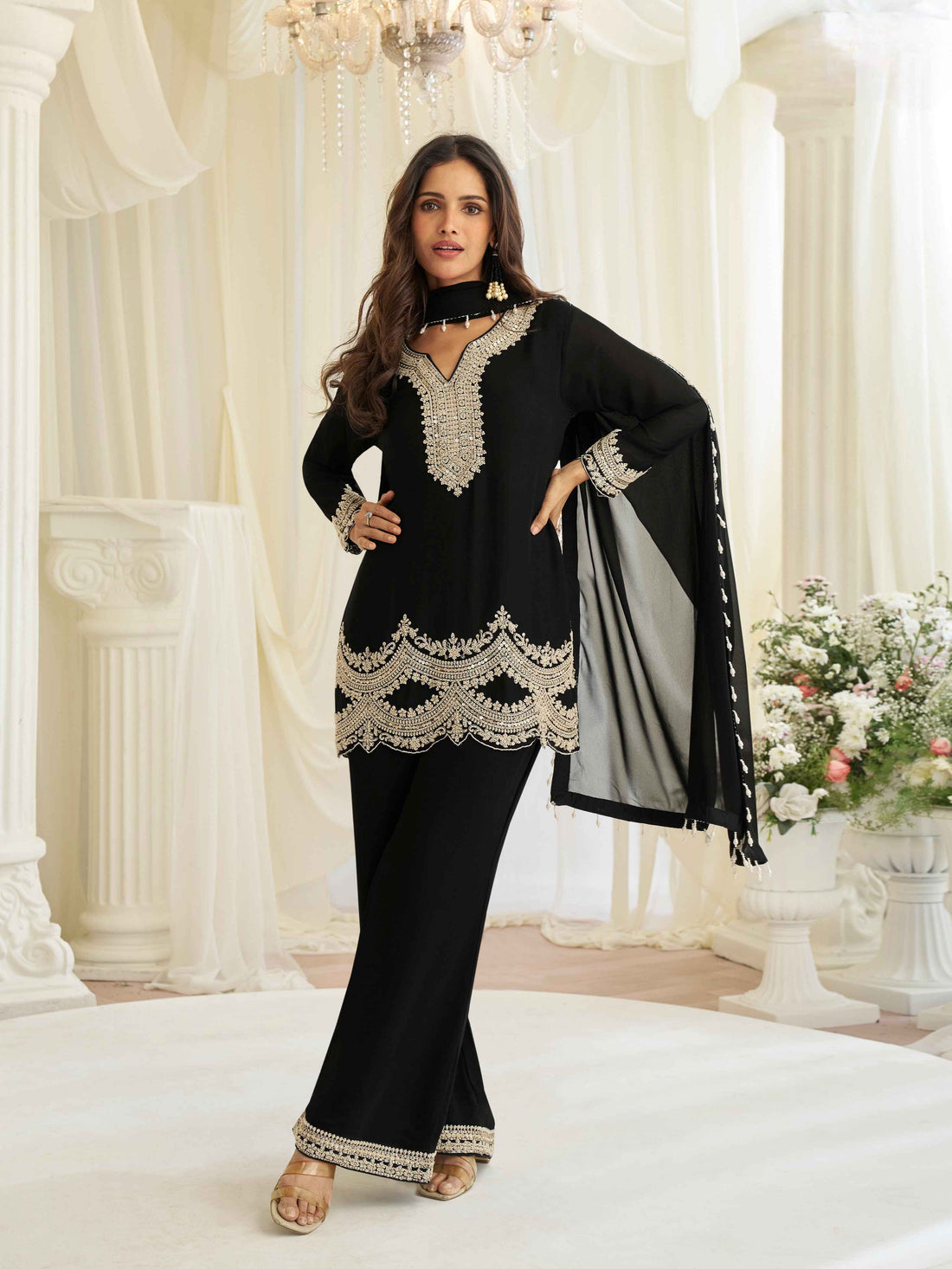 Classic Black Heavy Embroidered Chinon Silk Palazzo Suit with Dupatta Palazzo Suit Anant Tex Exports Pvt.Ltd..