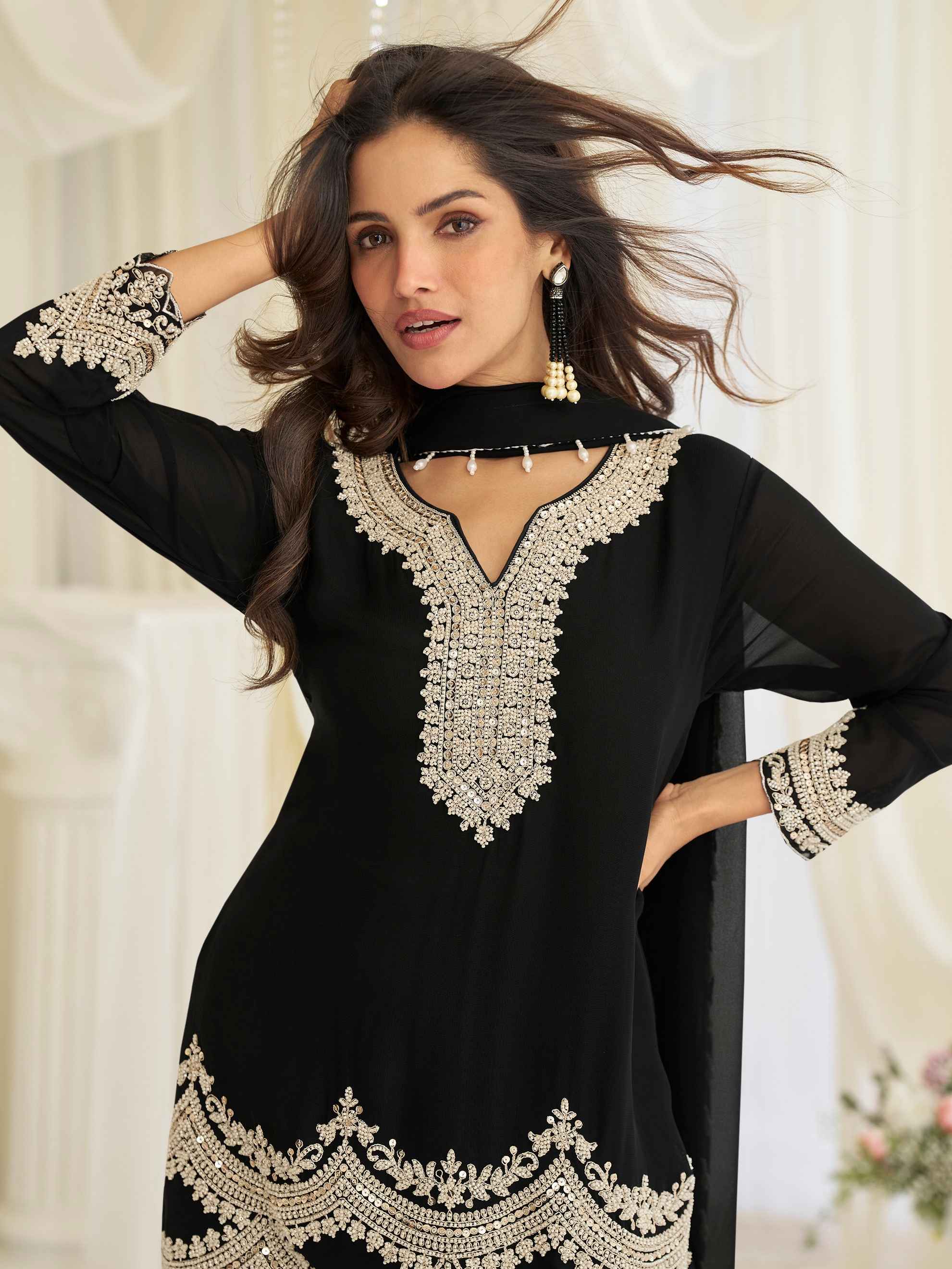 Classic Black Heavy Embroidered Chinon Silk Palazzo Suit with Dupatta Palazzo Suit Anant Tex Exports Pvt.Ltd..