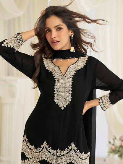 Classic Black Heavy Embroidered Chinon Silk Palazzo Suit with Dupatta Palazzo Suit Anant Tex Exports Pvt.Ltd..