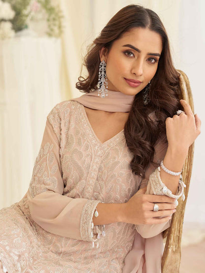 Beige Nude Embroidered Georgette Palazzo Suit with Beads Moti Dupatta Palazzo Suit Anant Tex Exports Pvt.Ltd..
