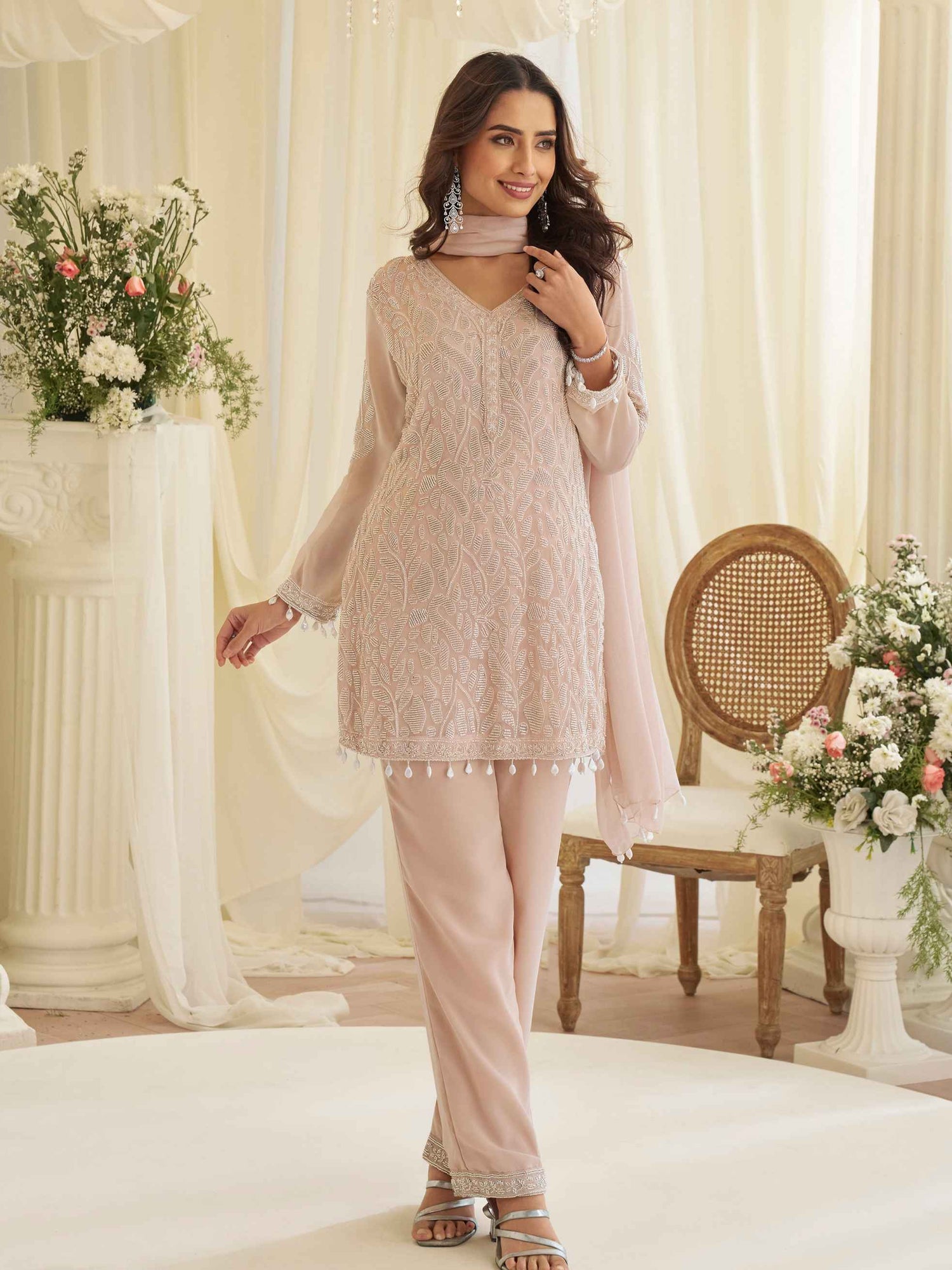 Beige Nude Embroidered Georgette Palazzo Suit with Beads Moti Dupatta Palazzo Suit Anant Tex Exports Pvt.Ltd..