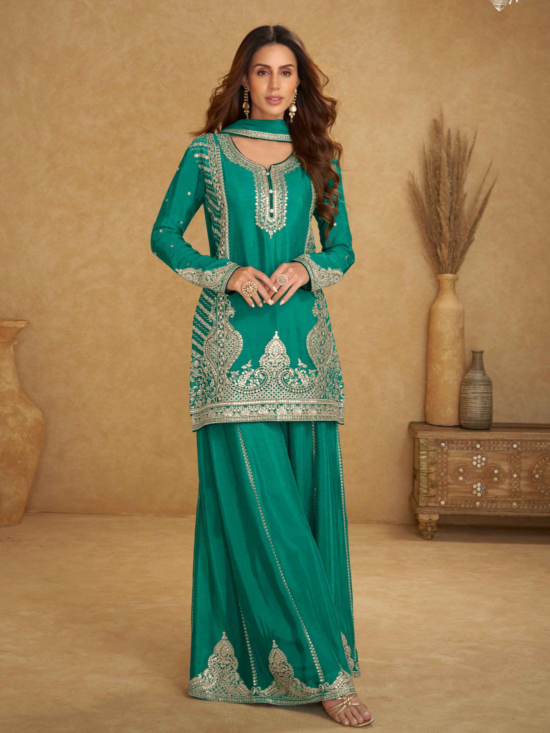 Teal Green Real Chinon Embroidered Palazzo Suit with Dupatta Palazzo Suit Anant Tex Exports Pvt.Ltd..