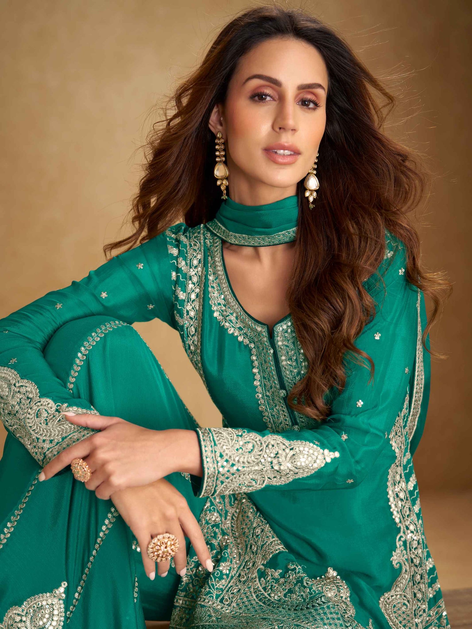 Teal Green Real Chinon Embroidered Palazzo Suit with Dupatta Palazzo Suit Anant Tex Exports Pvt.Ltd..