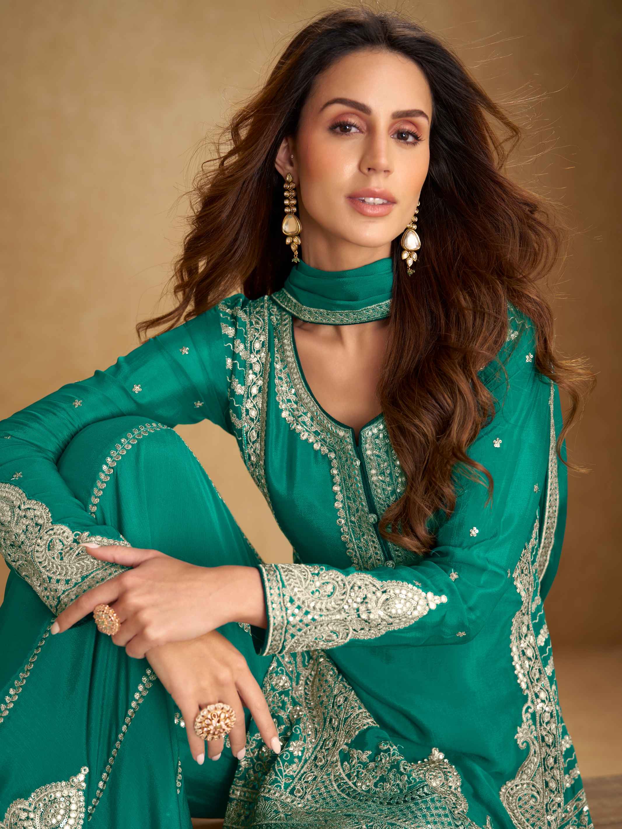 Teal Green Real Chinon Embroidered Palazzo Suit with Dupatta Palazzo Suit Anant Tex Exports Pvt.Ltd..