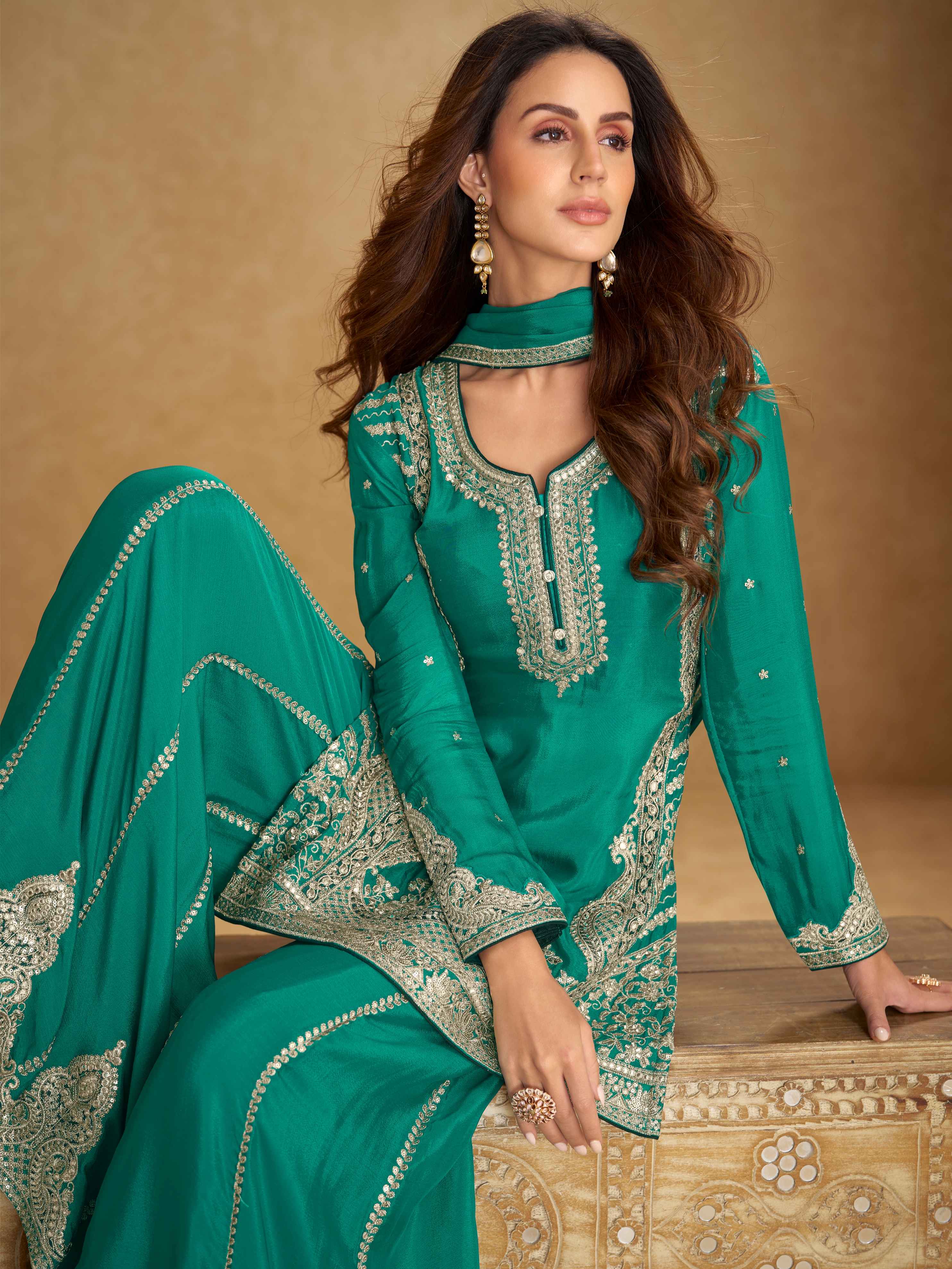 Teal Green Real Chinon Embroidered Palazzo Suit with Dupatta Palazzo Suit Anant Tex Exports Pvt.Ltd..