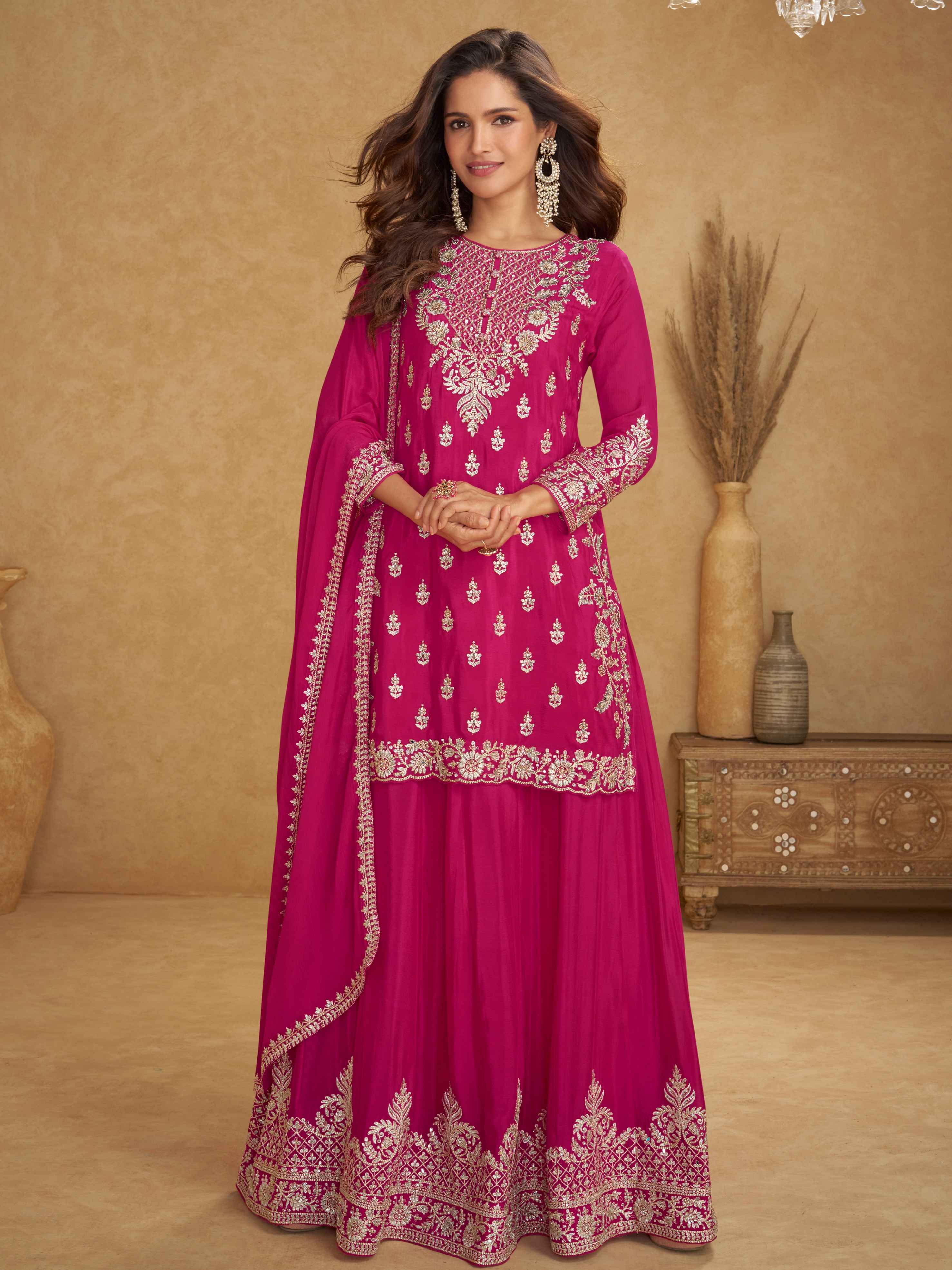 Magenta Wine Real Chinon Heavy Embroidered Palazzo Suit Palazzo Suit Anant Tex Exports Pvt.Ltd..