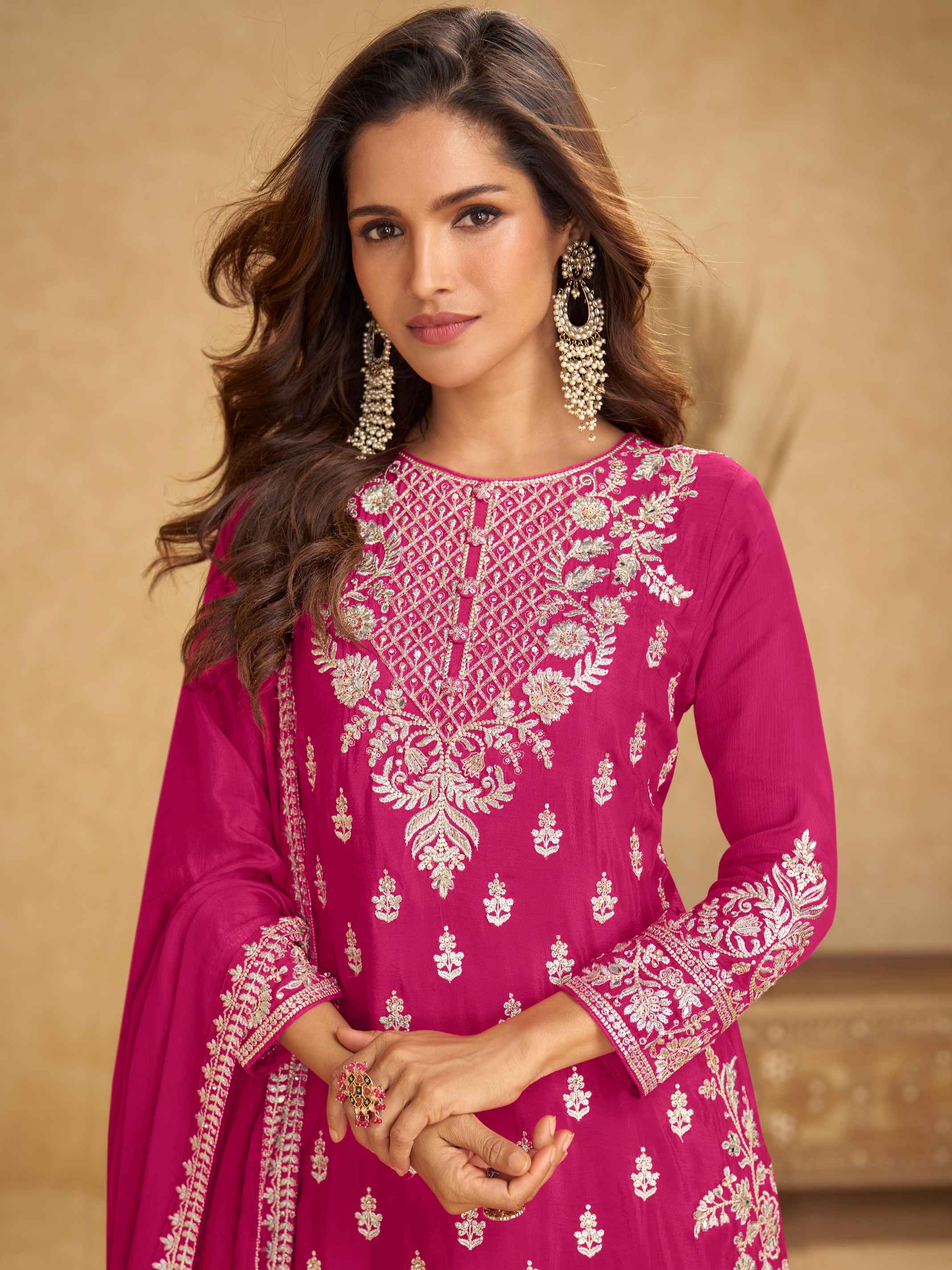 Magenta Wine Real Chinon Heavy Embroidered Palazzo Suit Palazzo Suit Anant Tex Exports Pvt.Ltd..