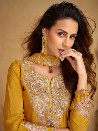 Mustard Yellow Real Chinon Palazzo Suit with Rich Embroidery Palazzo Suit Anant Tex Exports Pvt.Ltd..
