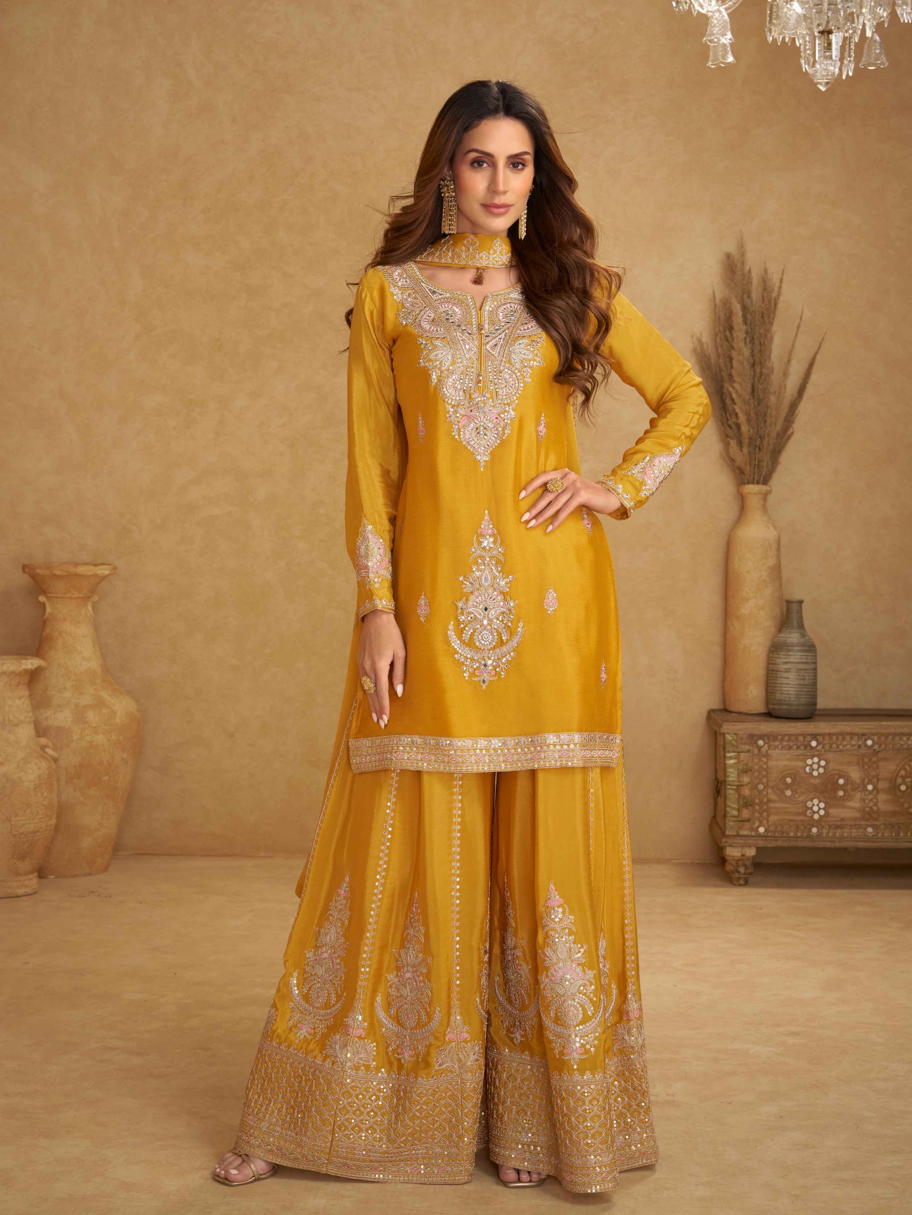 Mustard Yellow Real Chinon Palazzo Suit with Rich Embroidery Palazzo Suit Anant Tex Exports Pvt.Ltd..