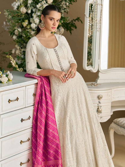 Ivory White Real Georgette Chikankari Anarkali Suit with Dupatta Anarkali Suit Anant Tex Exports Pvt.Ltd..