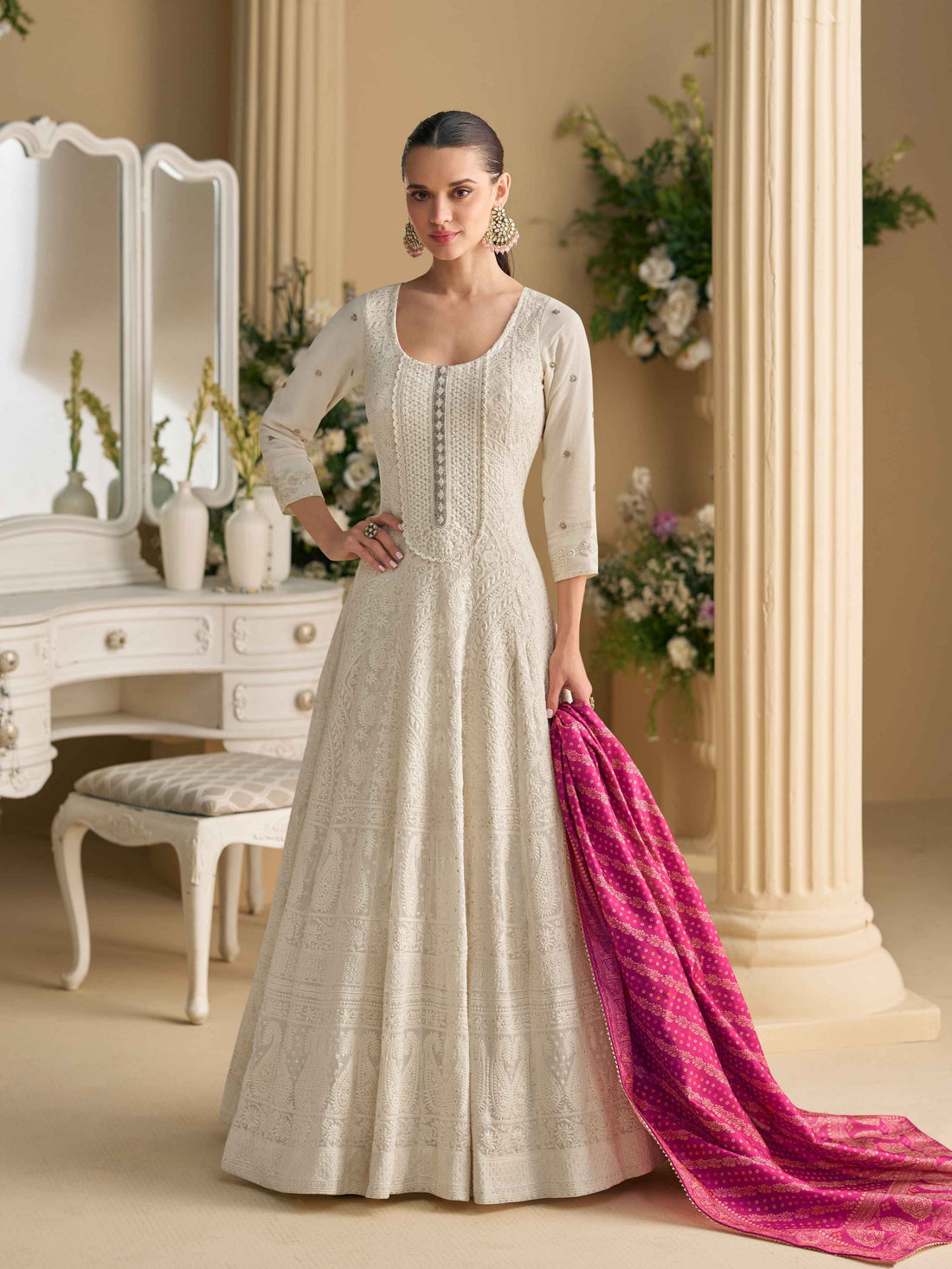Ivory White Real Georgette Chikankari Anarkali Suit with Dupatta Anarkali Suit Anant Tex Exports Pvt.Ltd..