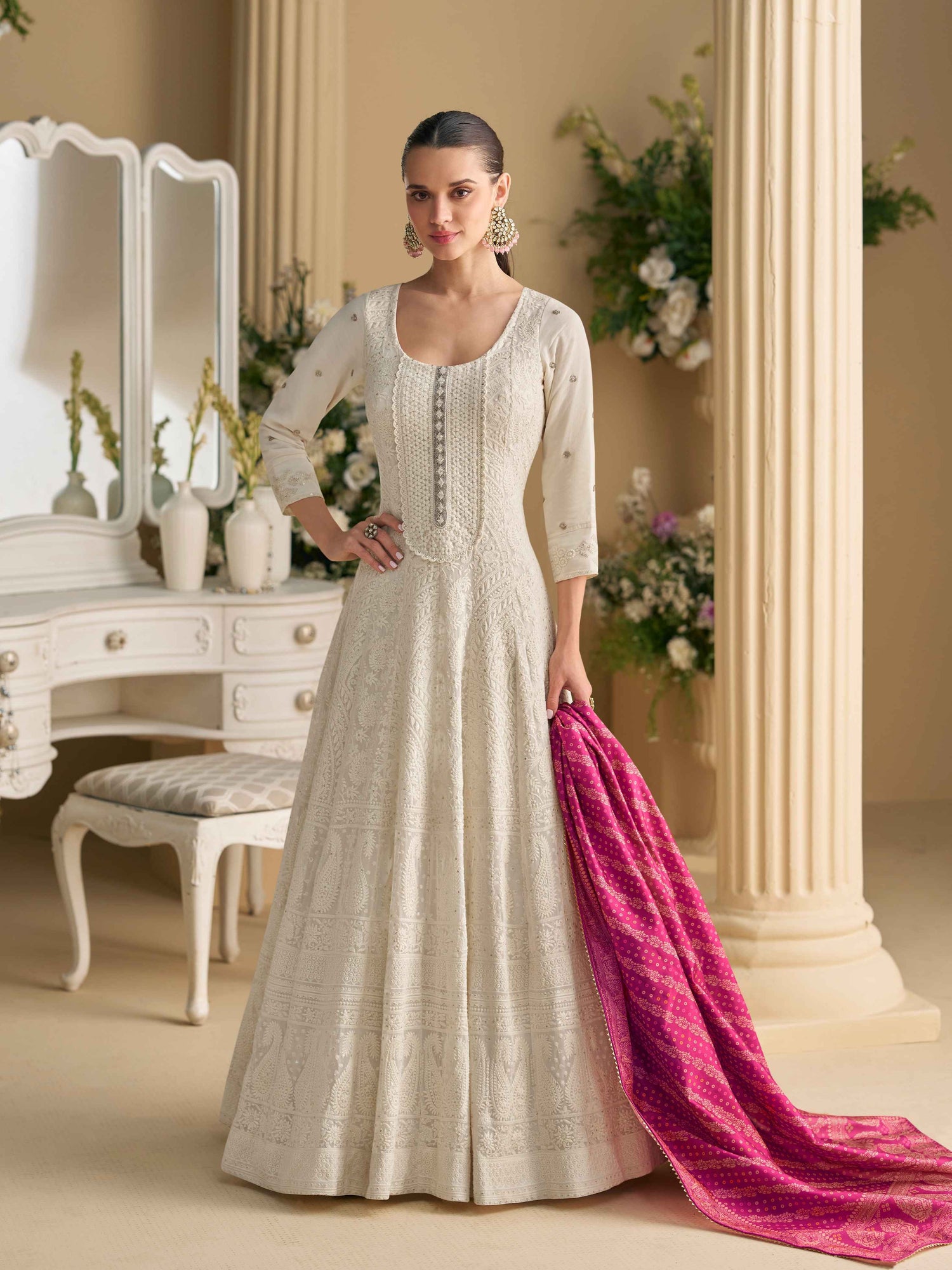 Ivory White Real Georgette Chikankari Anarkali Suit with Dupatta Anarkali Suit Anant Tex Exports Pvt.Ltd..