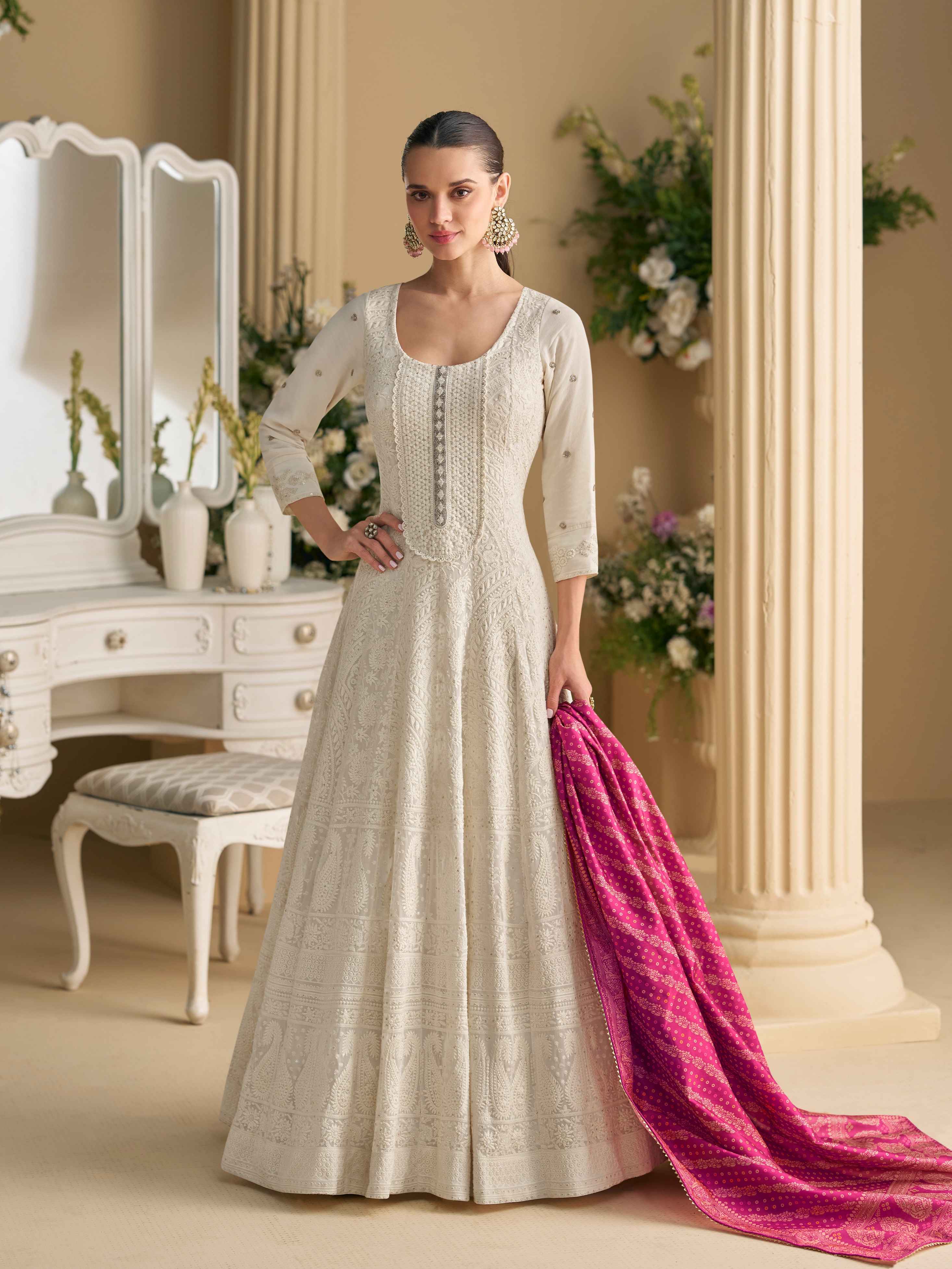 Ivory White Real Georgette Chikankari Anarkali Suit with Dupatta Anarkali Suit Anant Tex Exports Pvt.Ltd..