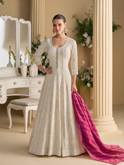 Ivory White Real Georgette Chikankari Anarkali Suit with Dupatta Anarkali Suit Anant Tex Exports Pvt.Ltd..