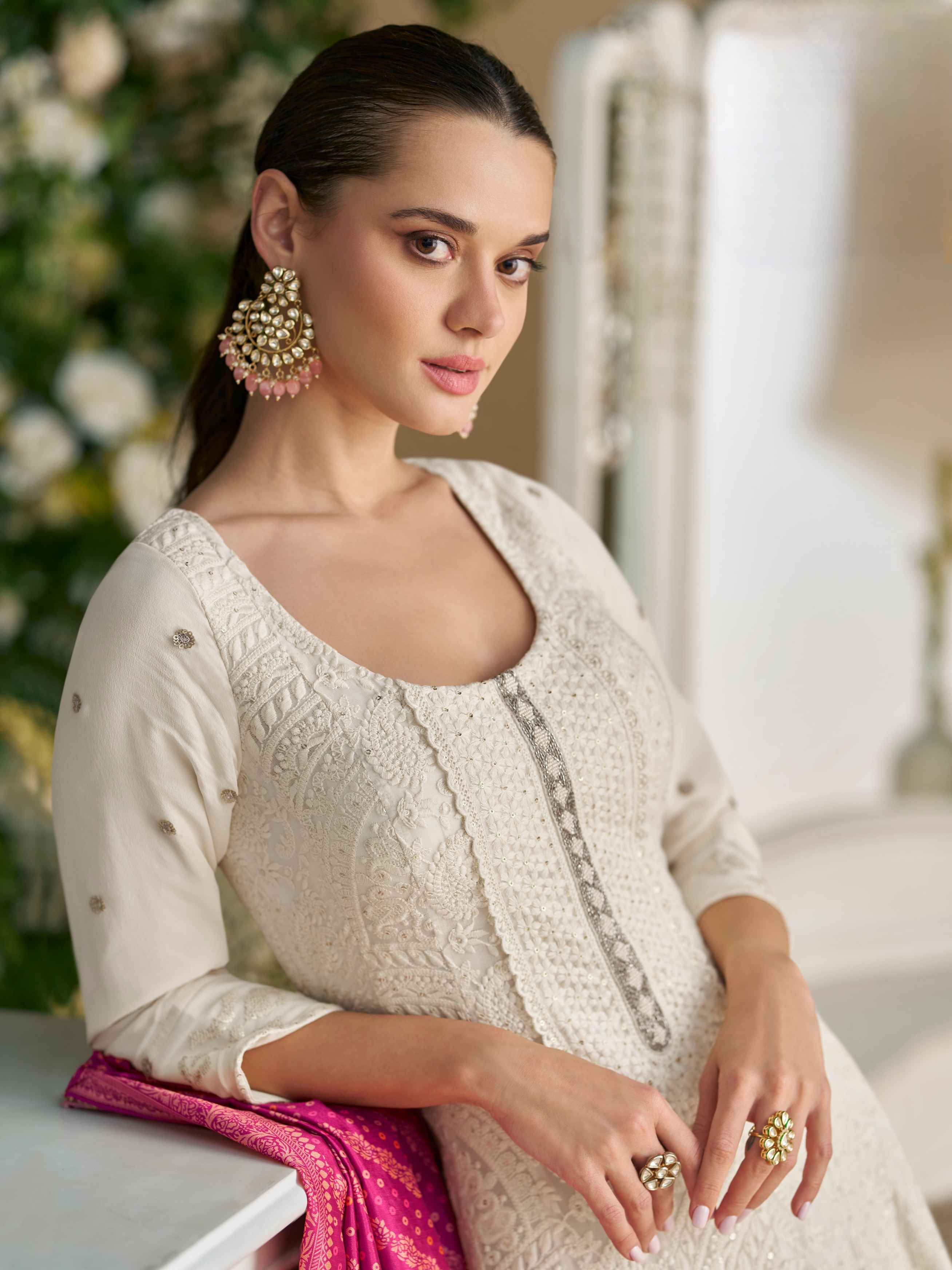 Ivory White Real Georgette Chikankari Anarkali Suit with Dupatta Anarkali Suit Anant Tex Exports Pvt.Ltd..