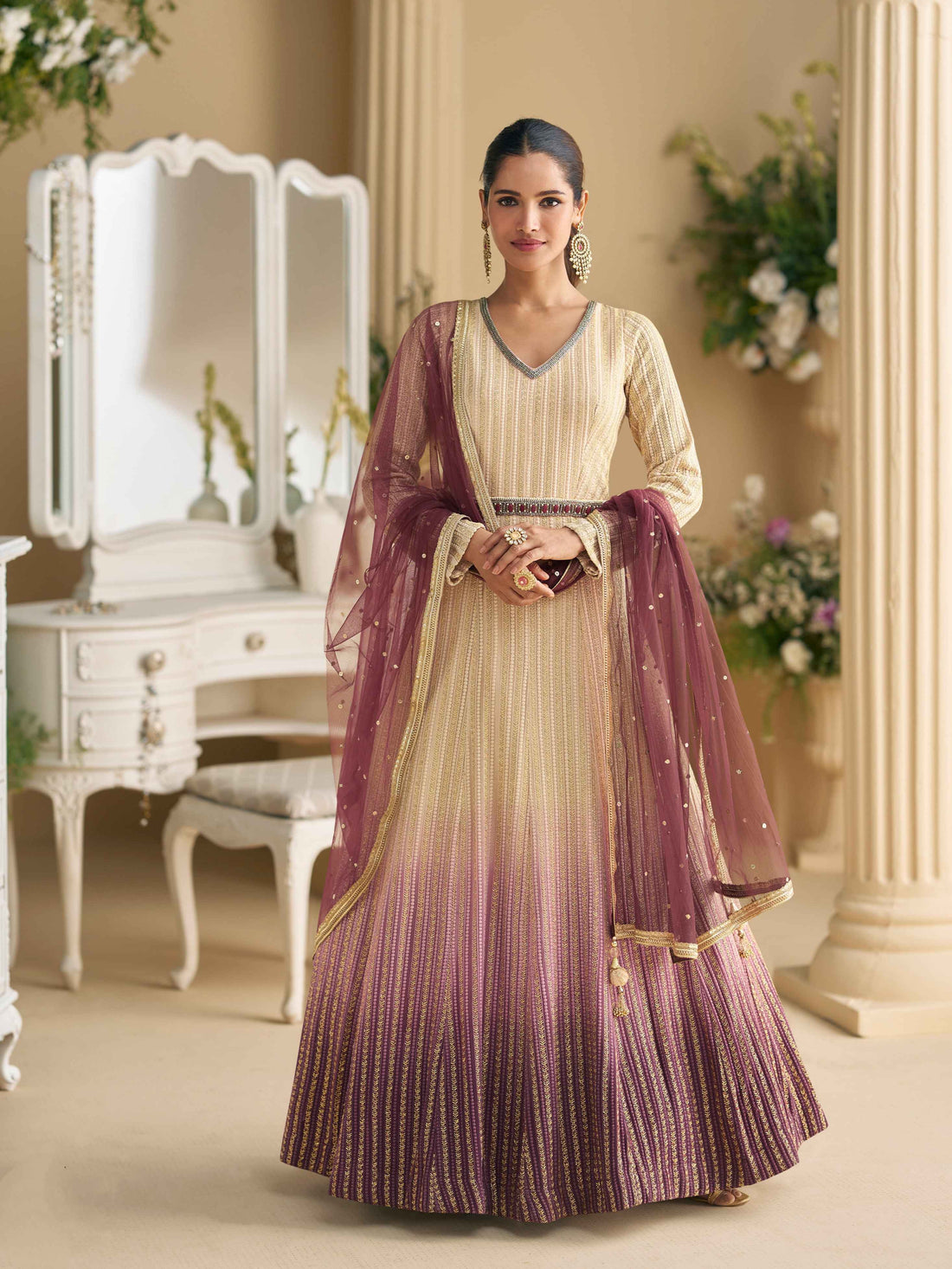Wine Ombre Real Georgette Chikankari Anarkali Suit with Dupatta Anarkali Suit Anant Tex Exports Pvt.Ltd..