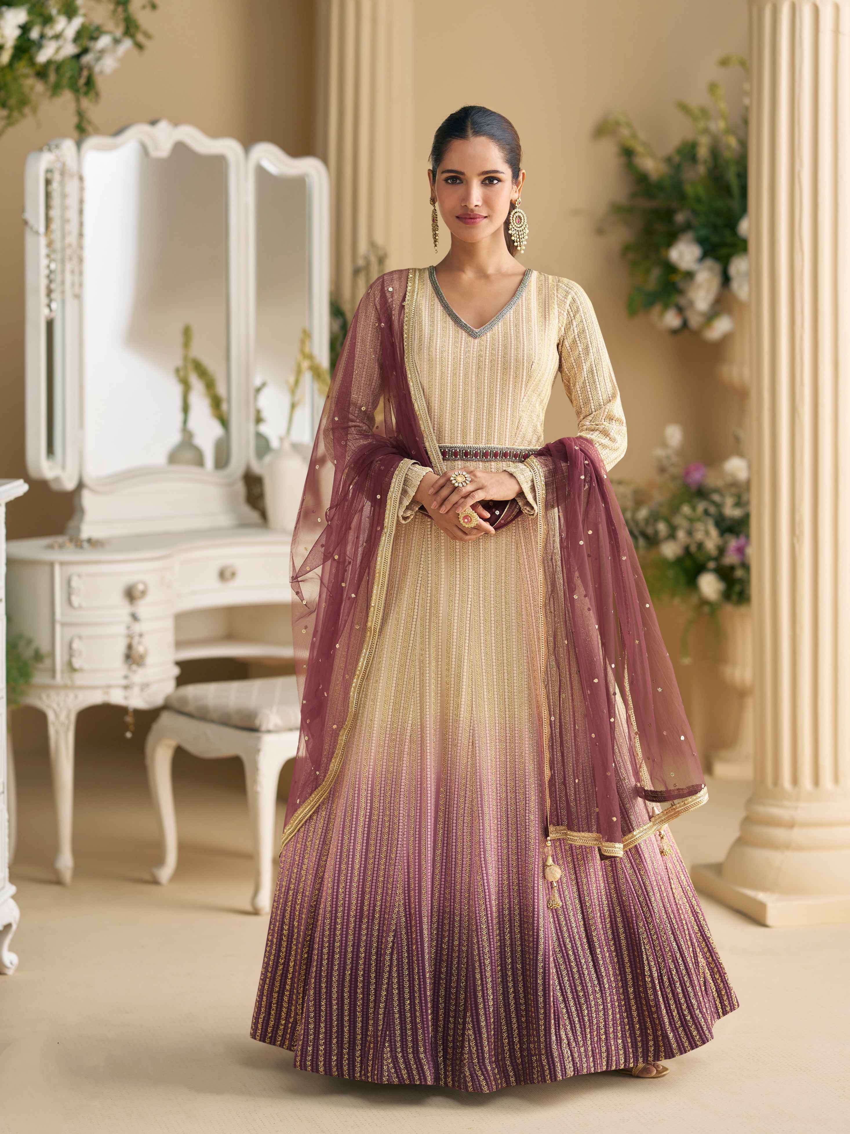 Wine Ombre Real Georgette Chikankari Anarkali Suit with Dupatta Anarkali Suit Anant Tex Exports Pvt.Ltd..