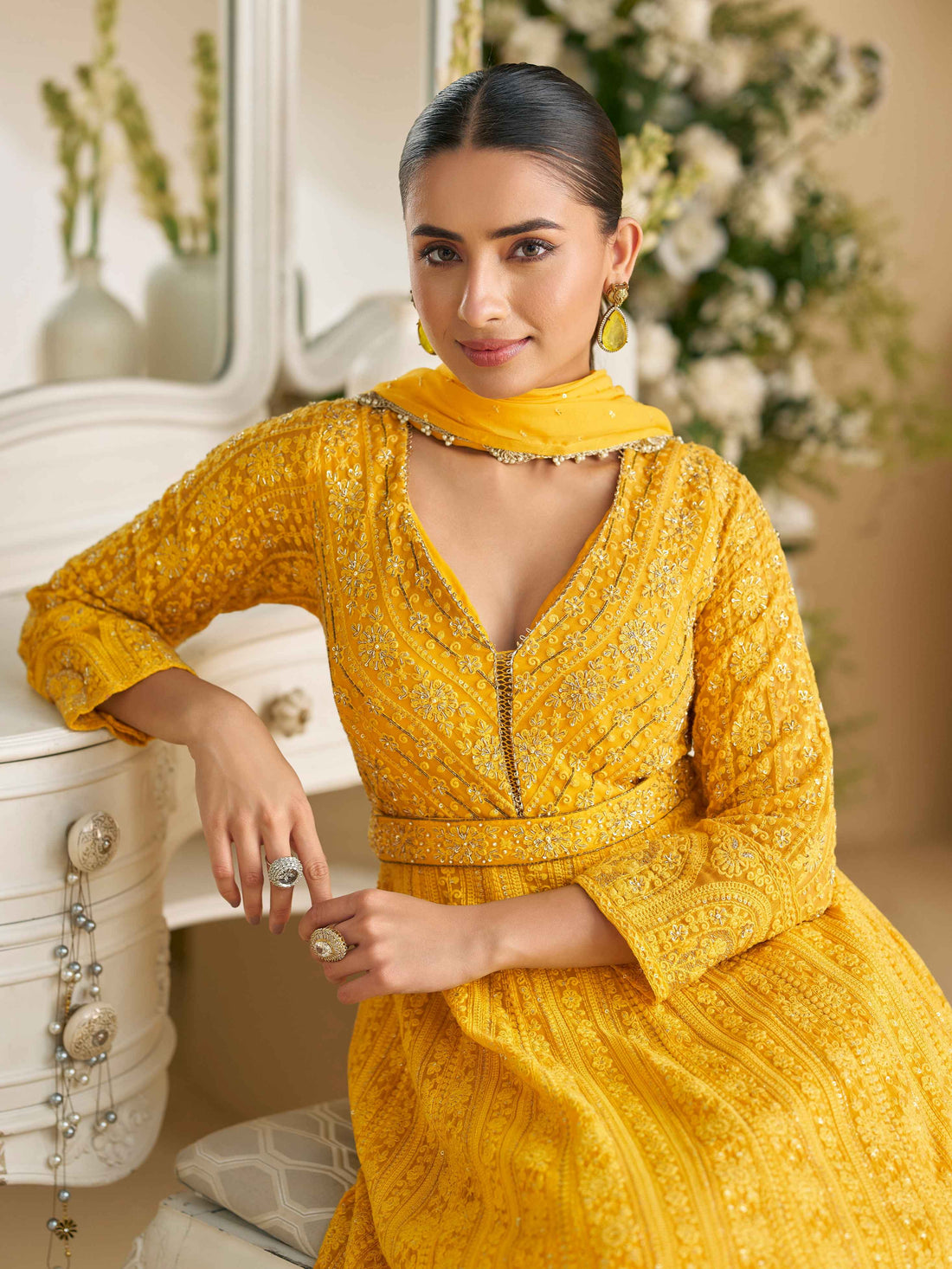 Mustard Yellow Real Georgette Chikankari Anarkali Suit Anarkali Suit Anant Tex Exports Pvt.Ltd..