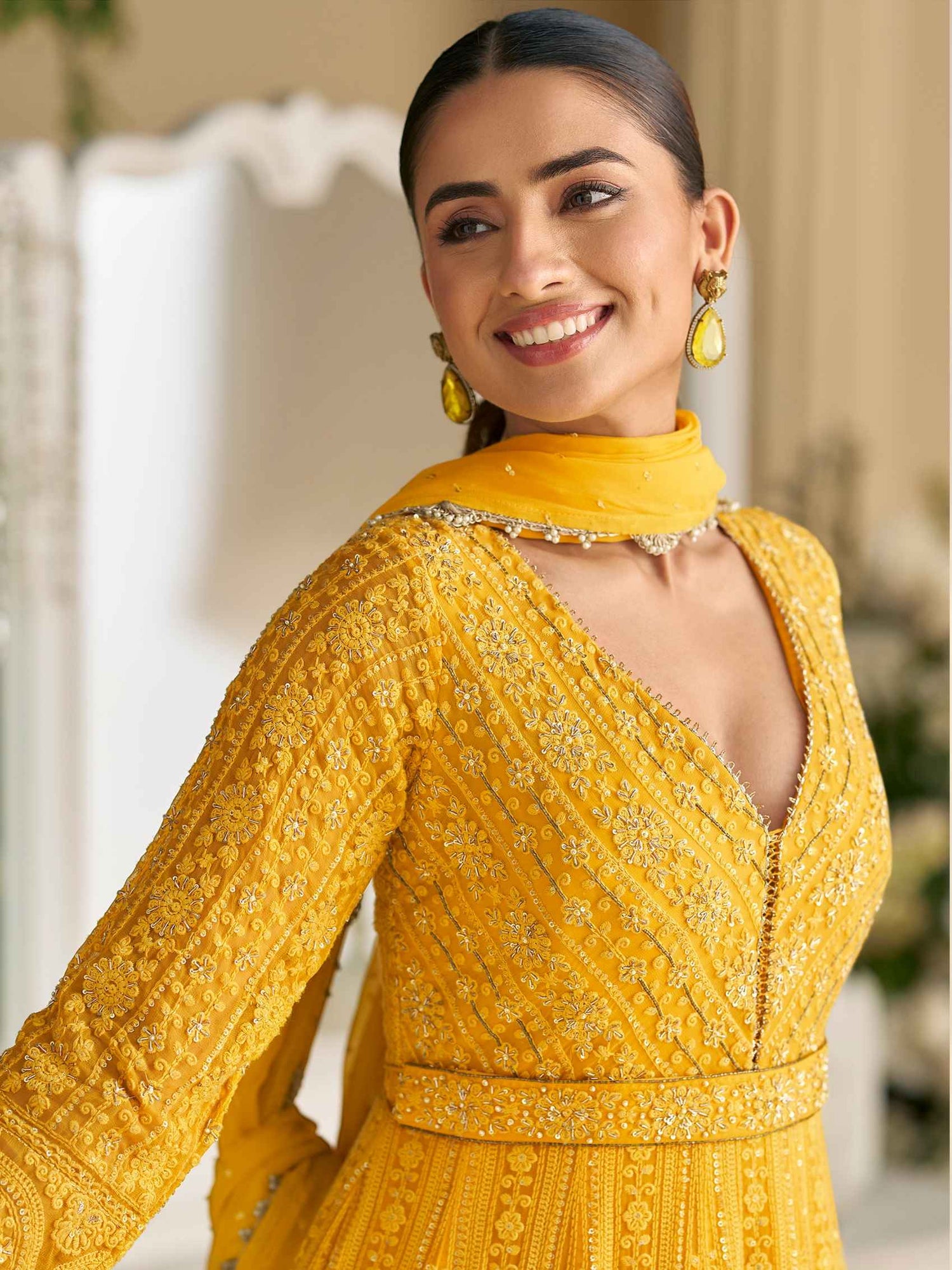 Mustard Yellow Real Georgette Chikankari Anarkali Suit Anarkali Suit Anant Tex Exports Pvt.Ltd..