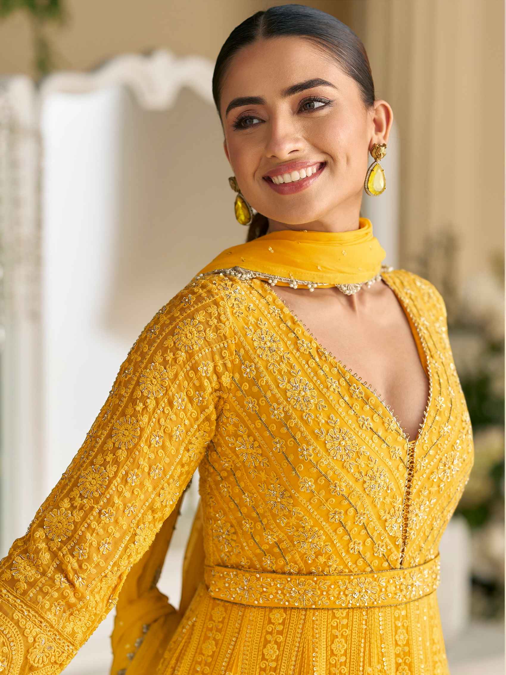 Mustard Yellow Real Georgette Chikankari Anarkali Suit Anarkali Suit Anant Tex Exports Pvt.Ltd..