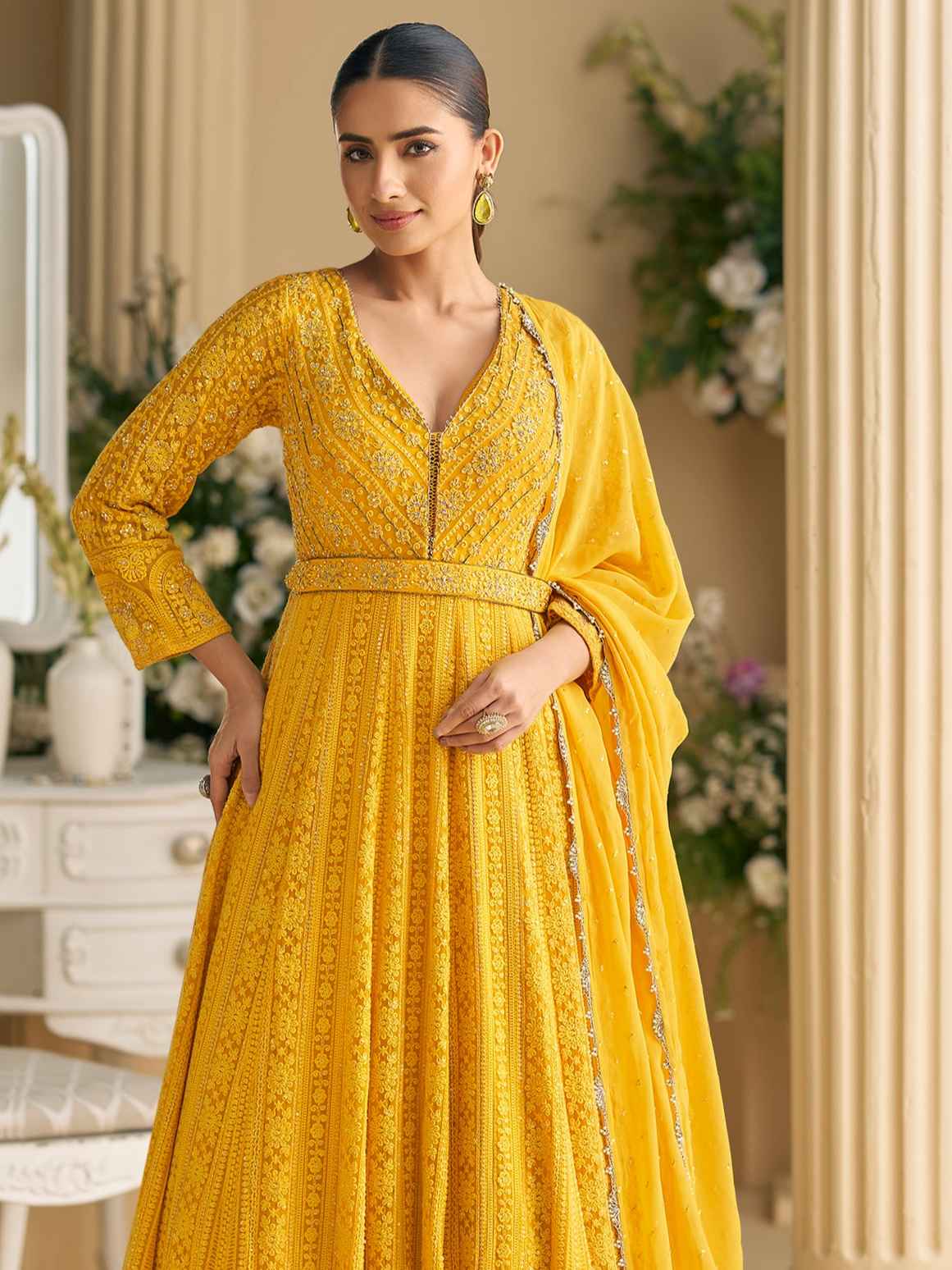 Mustard Yellow Real Georgette Chikankari Anarkali Suit Anarkali Suit Anant Tex Exports Pvt.Ltd..