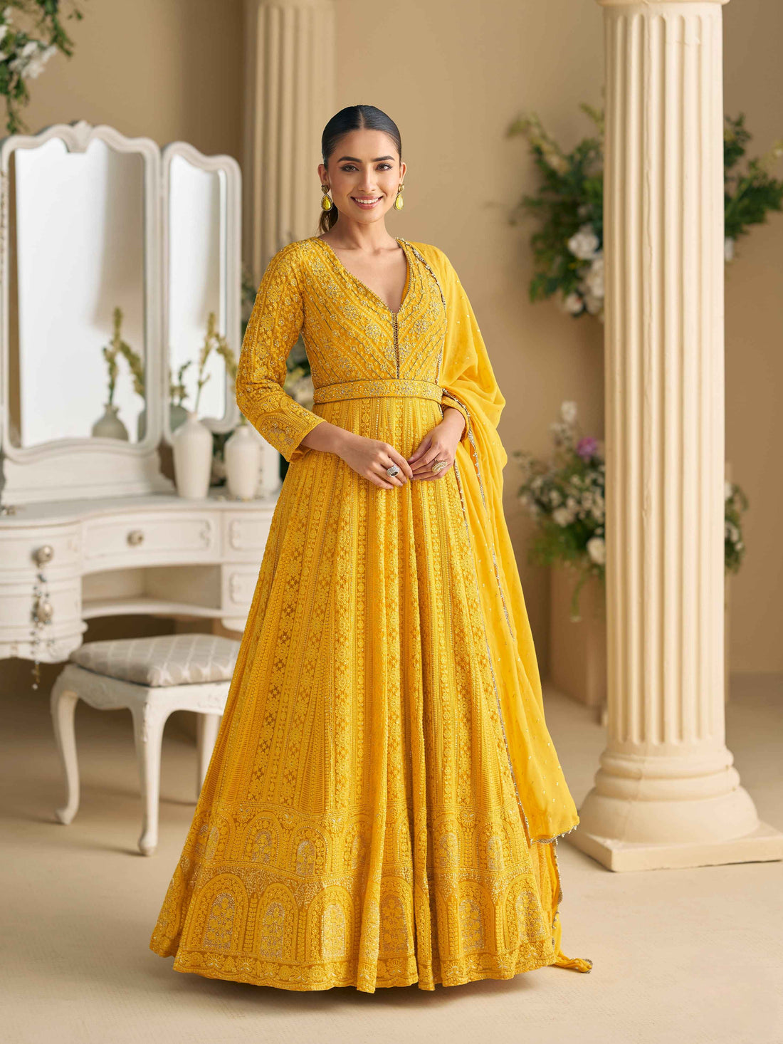 Mustard Yellow Real Georgette Chikankari Anarkali Suit Anarkali Suit Anant Tex Exports Pvt.Ltd..