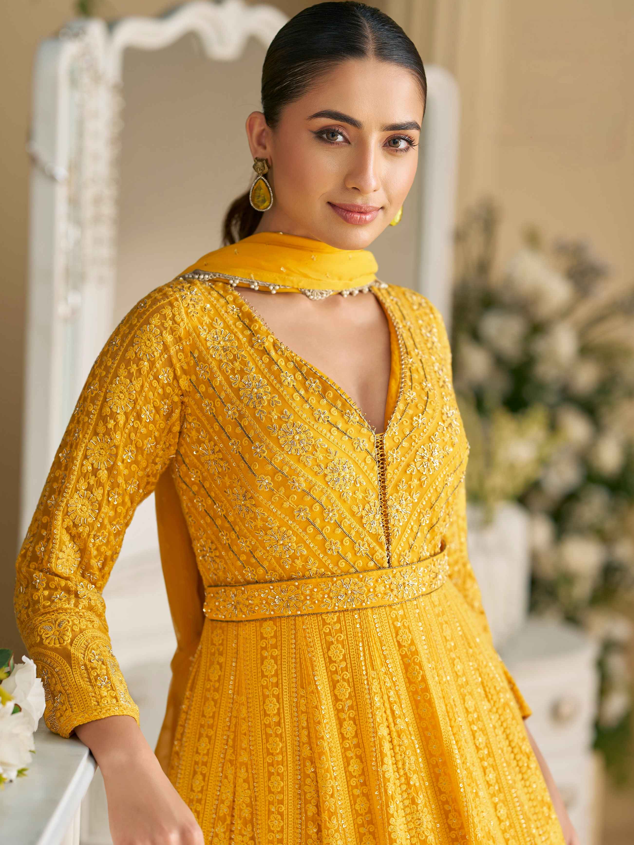Mustard Yellow Real Georgette Chikankari Anarkali Suit Anarkali Suit Anant Tex Exports Pvt.Ltd..