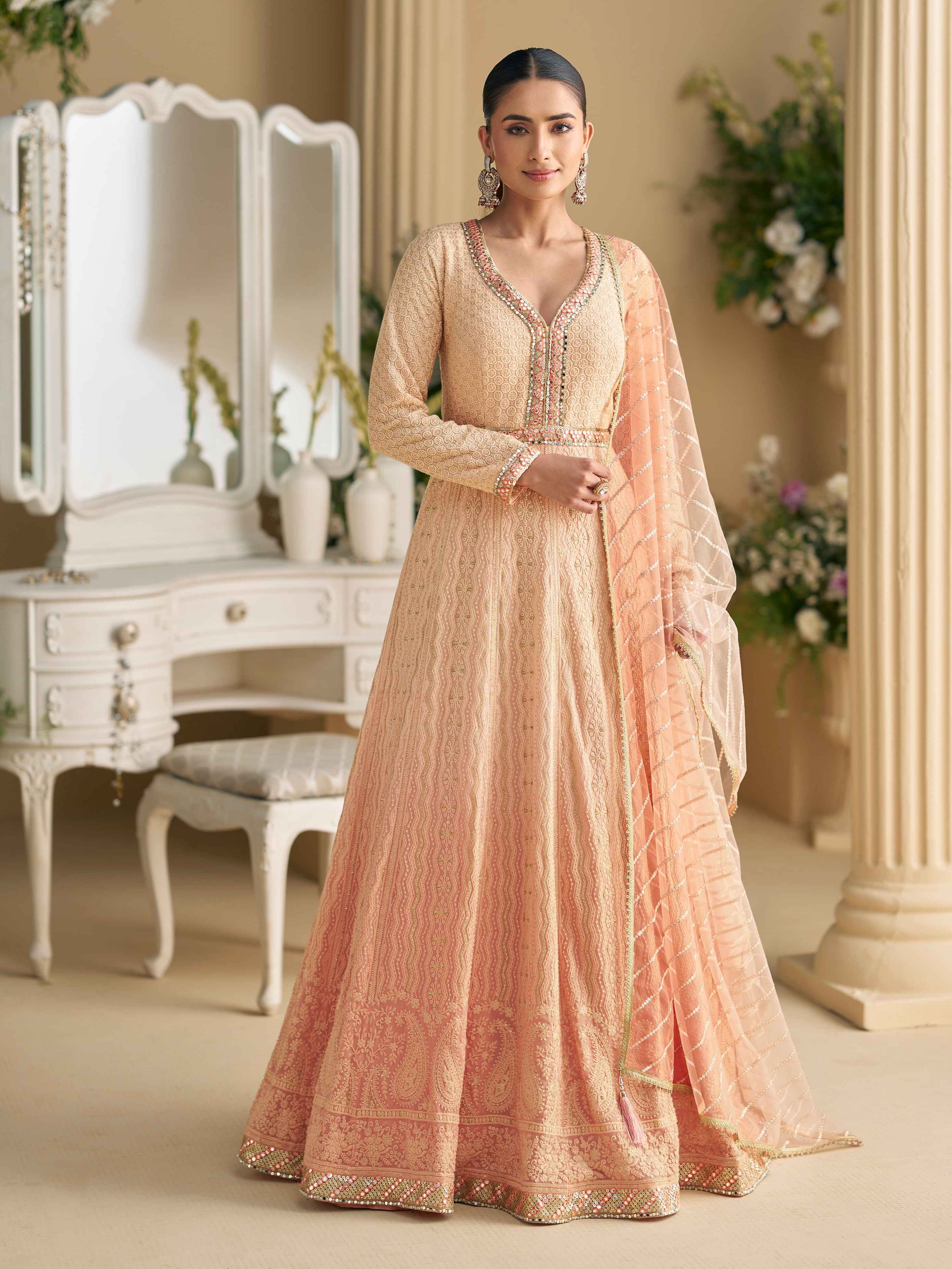 Peach Pink Real Georgette Chikankari Anarkali Suit with Dupatta Anarkali Suit Anant Tex Exports Pvt.Ltd..