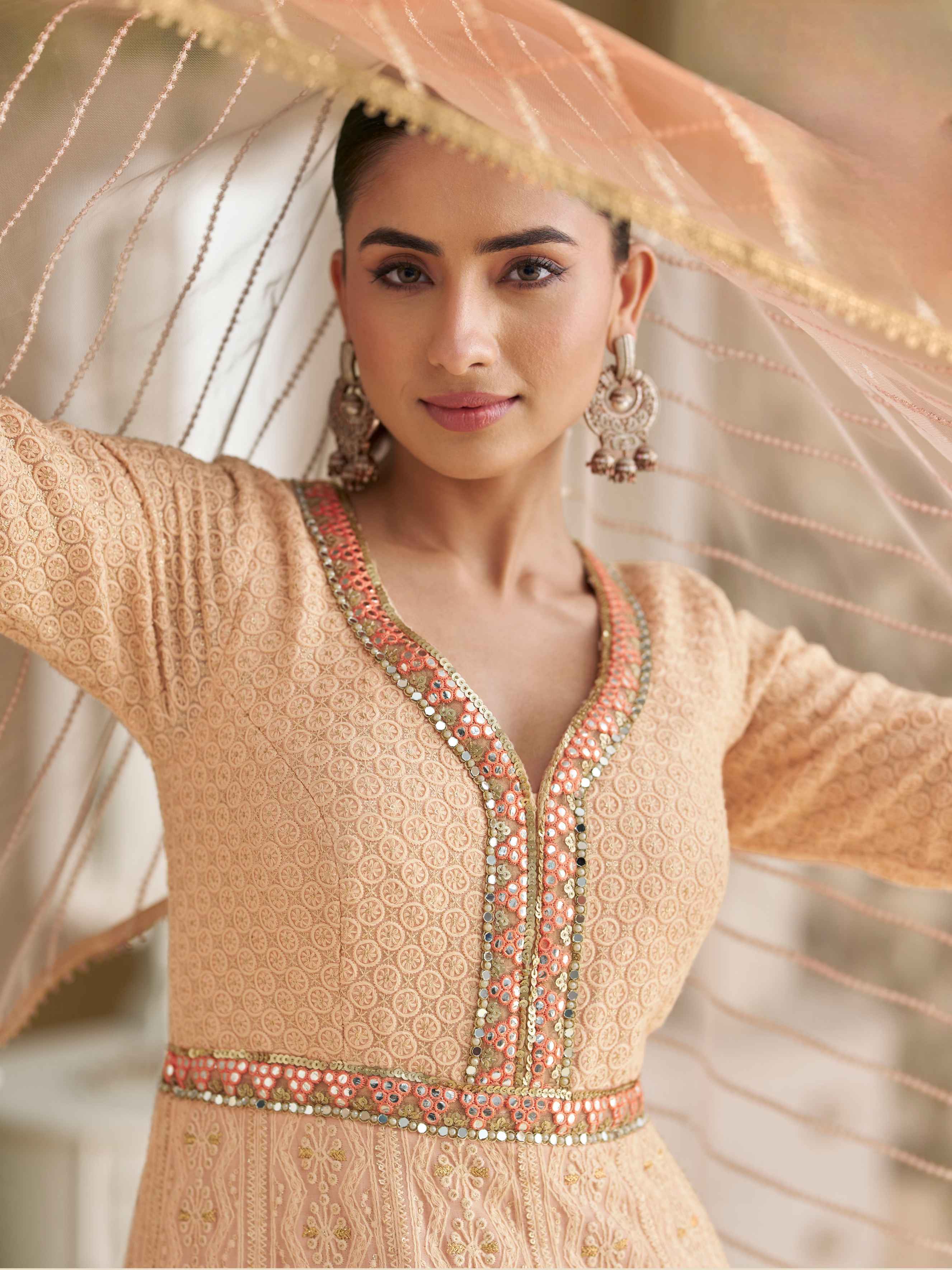 Peach Pink Real Georgette Chikankari Anarkali Suit with Dupatta Anarkali Suit Anant Tex Exports Pvt.Ltd..