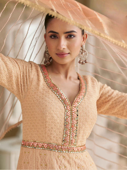 Peach Pink Real Georgette Chikankari Anarkali Suit with Dupatta Anarkali Suit Anant Tex Exports Pvt.Ltd..