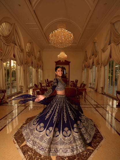 Navy Blue Premium Real Silk Lehenga with Hand Mirror Embroidery Silk Lehenga Anant Tex Exports Pvt.Ltd..