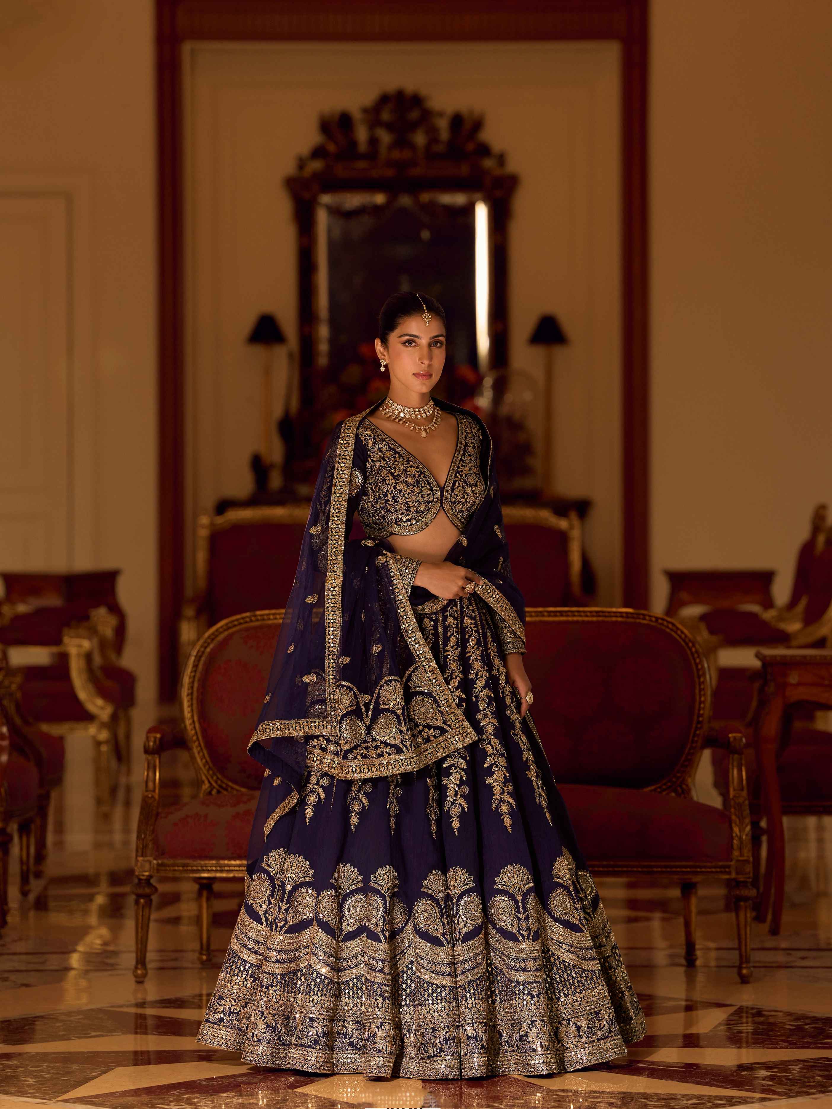 Navy Blue Premium Real Silk Lehenga with Hand Mirror Embroidery Silk Lehenga Anant Tex Exports Pvt.Ltd..