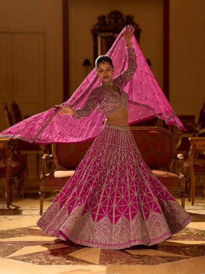 Rani Pink Premium Real Silk Lehenga with Heavy Mirror Work Silk Lehenga Anant Tex Exports Pvt.Ltd..