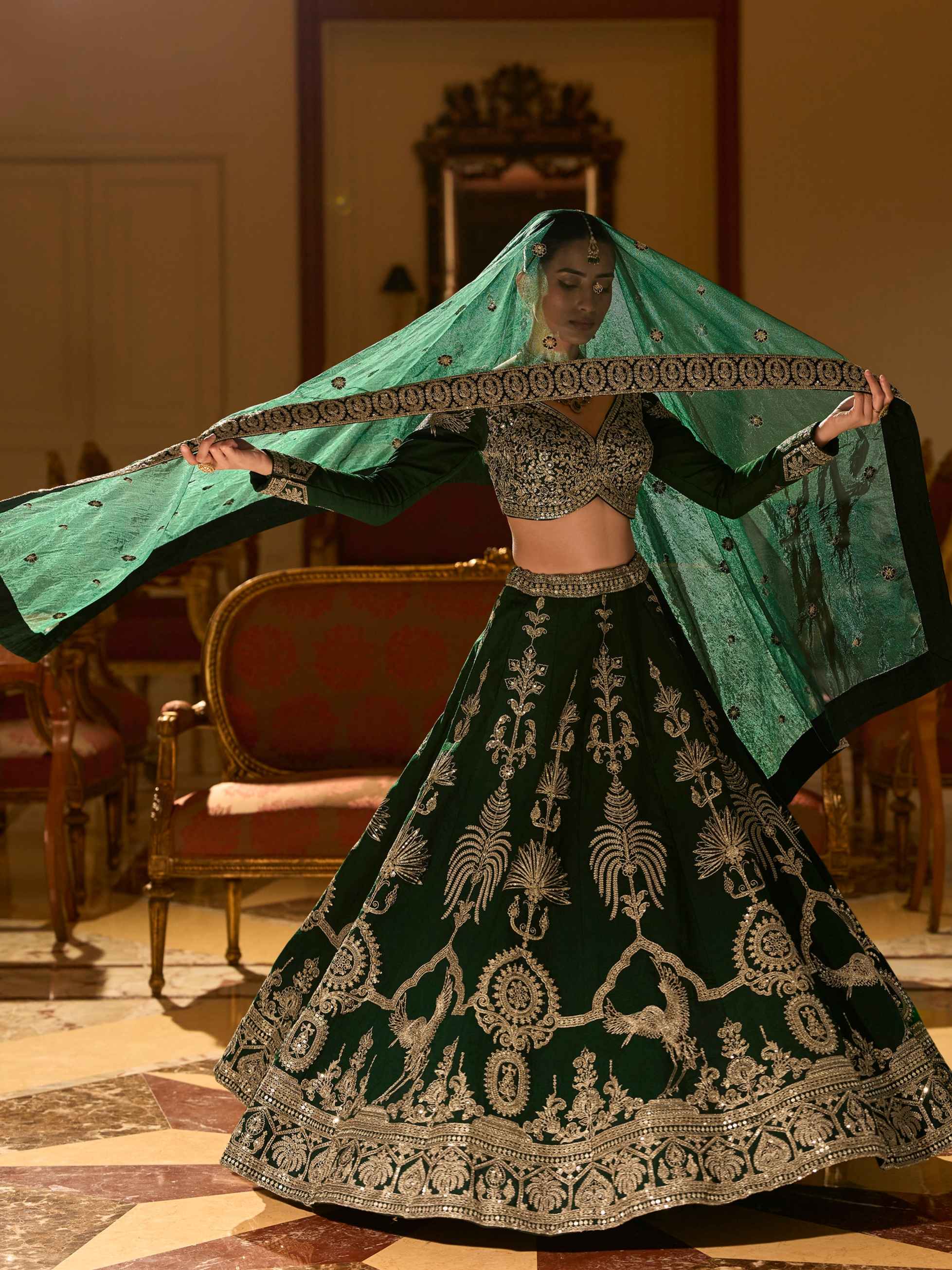 Bottle Green Premium Real Silk Lehenga with Heavy Embroidery Silk Lehenga Anant Tex Exports Pvt.Ltd..