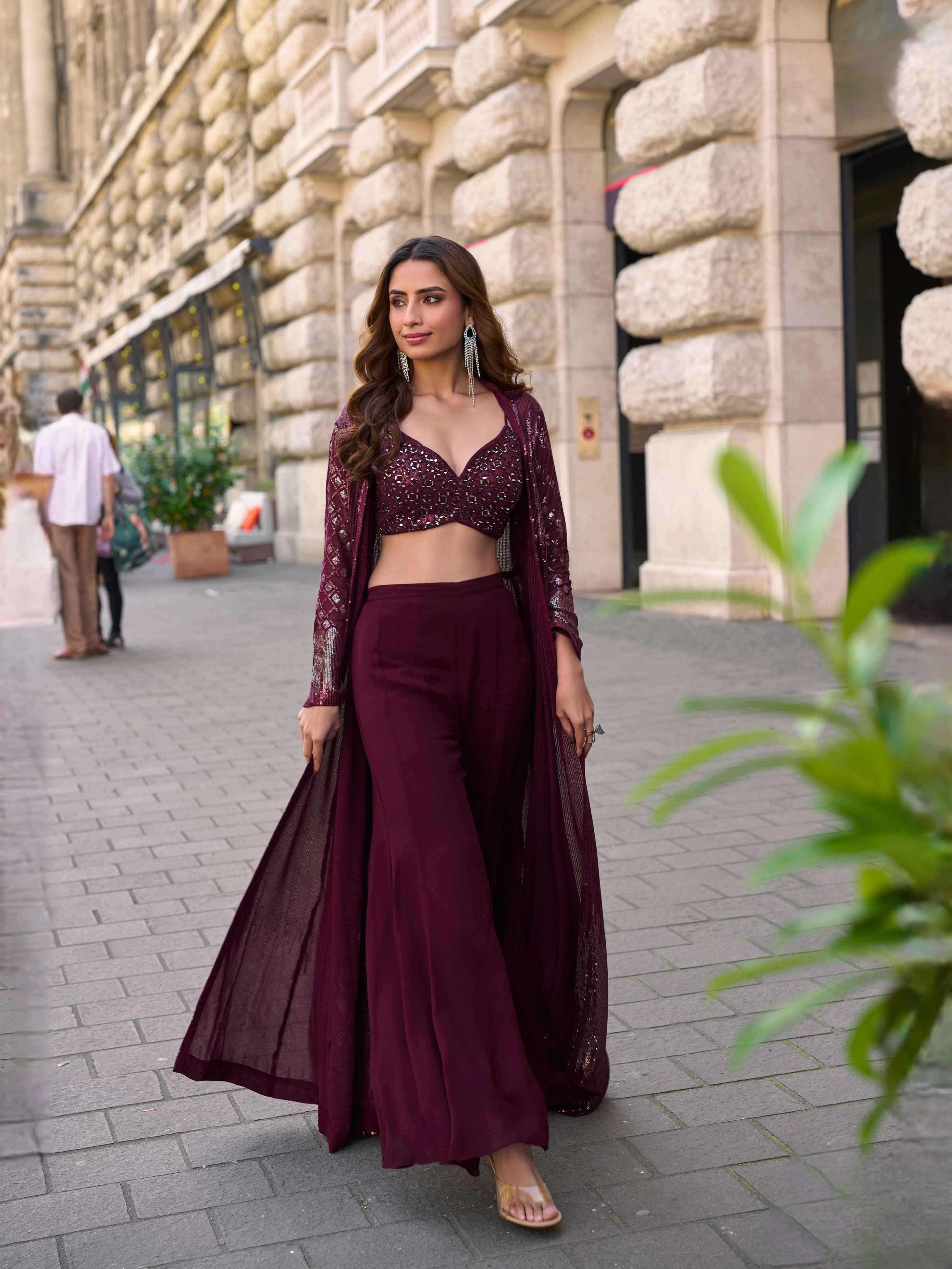 Wine Real Georgette Embroidered Jacket Palazzo Set with Blouse