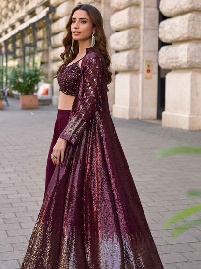 Wine Real Georgette Embroidered Jacket Palazzo Set with Blouse Palazzo Jacket Set Anant Tex Exports Pvt.Ltd..