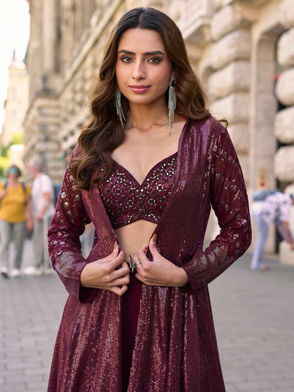 Wine Real Georgette Embroidered Jacket Palazzo Set with Blouse Palazzo Jacket Set Anant Tex Exports Pvt.Ltd..