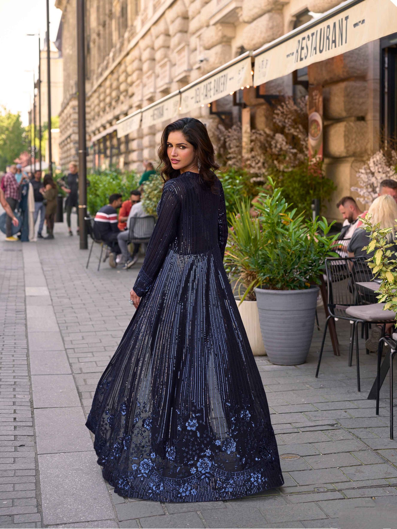 Navy Blue Real Georgette Heavy Embroidered Jacket Palazzo Set Palazzo Jacket Set Anant Tex Exports Pvt.Ltd..