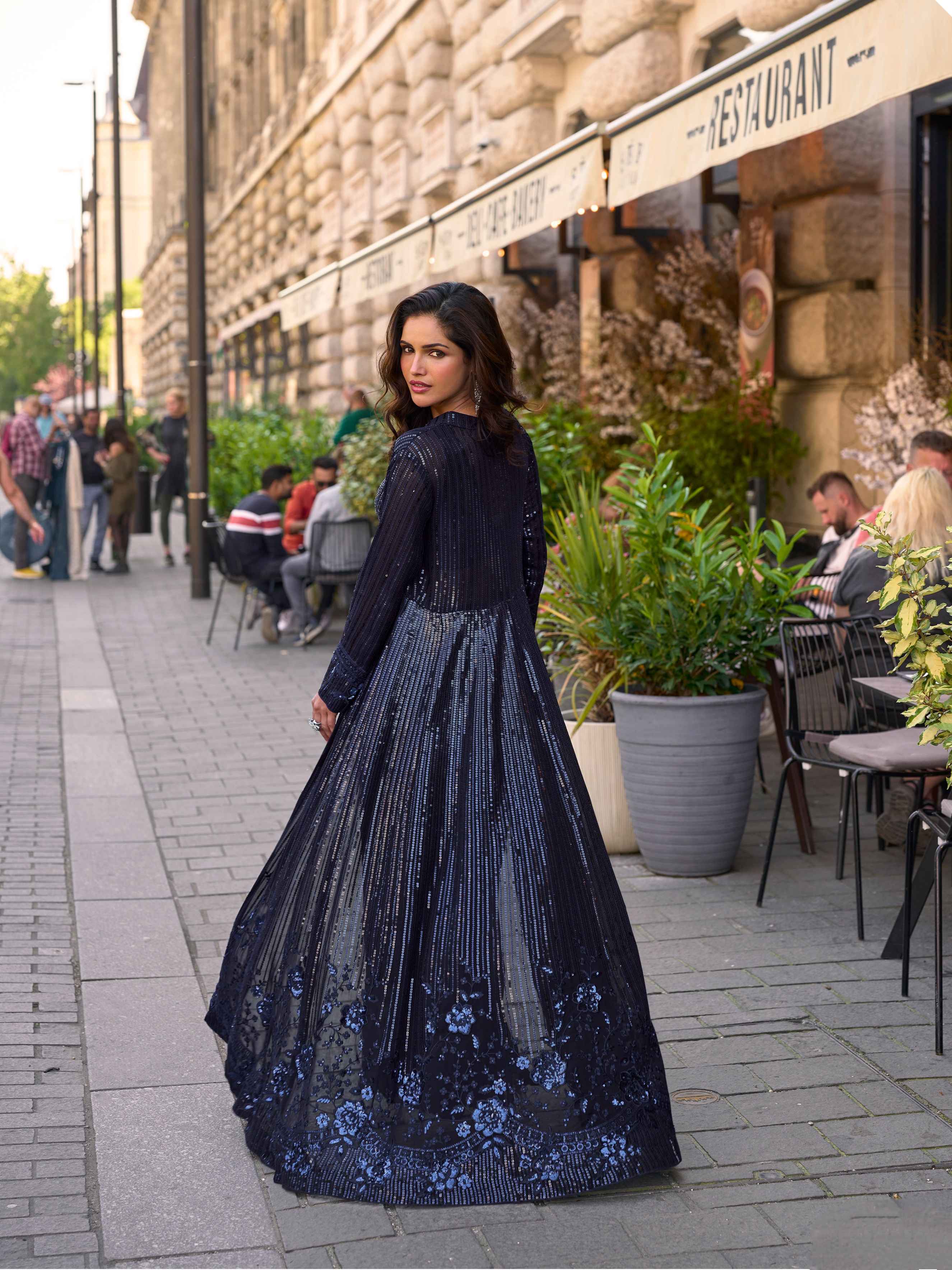 Navy Blue Real Georgette Heavy Embroidered Jacket Palazzo Set Palazzo Jacket Set Anant Tex Exports Pvt.Ltd..