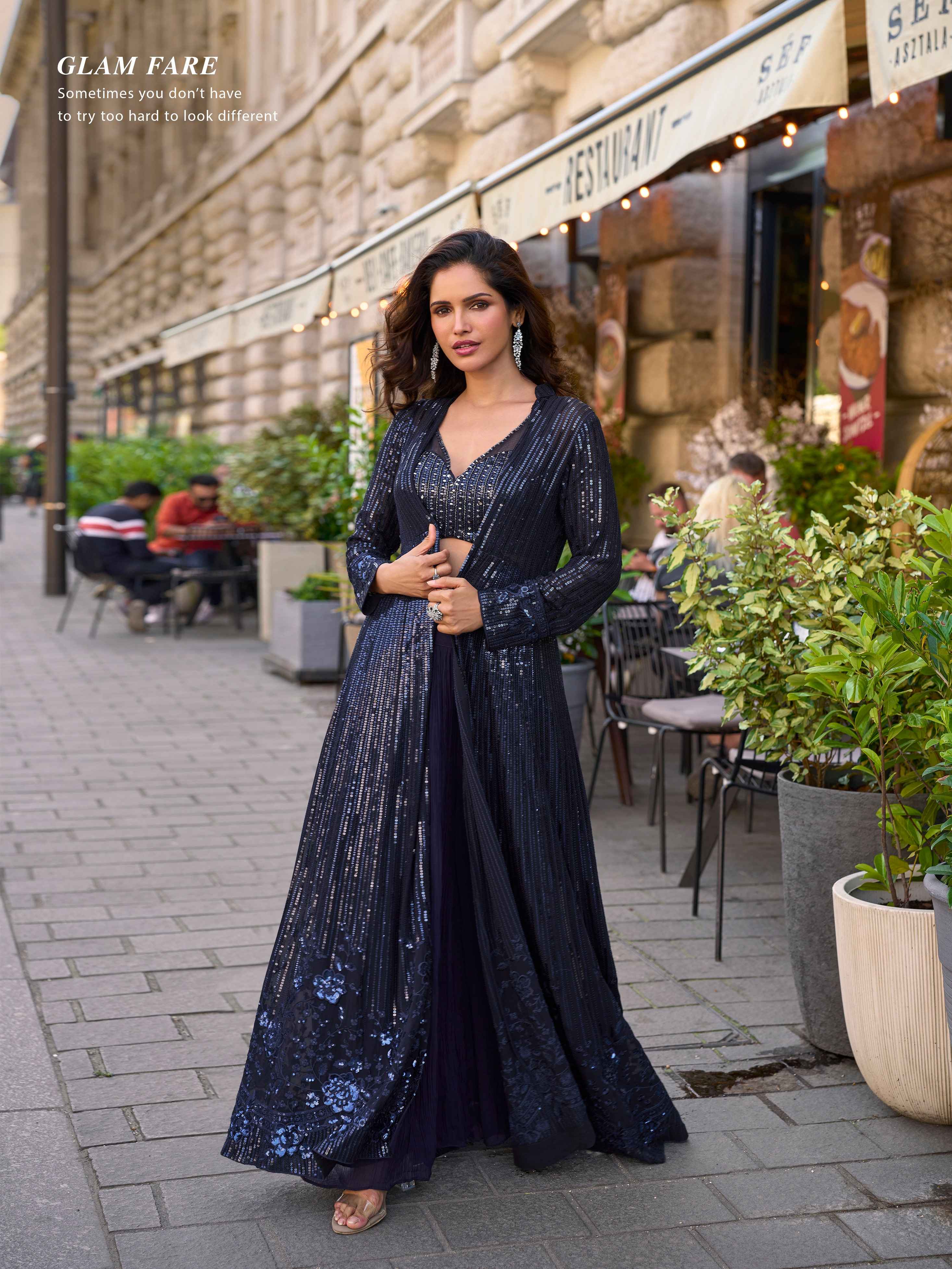 Navy Blue Real Georgette Heavy Embroidered Jacket Palazzo Set