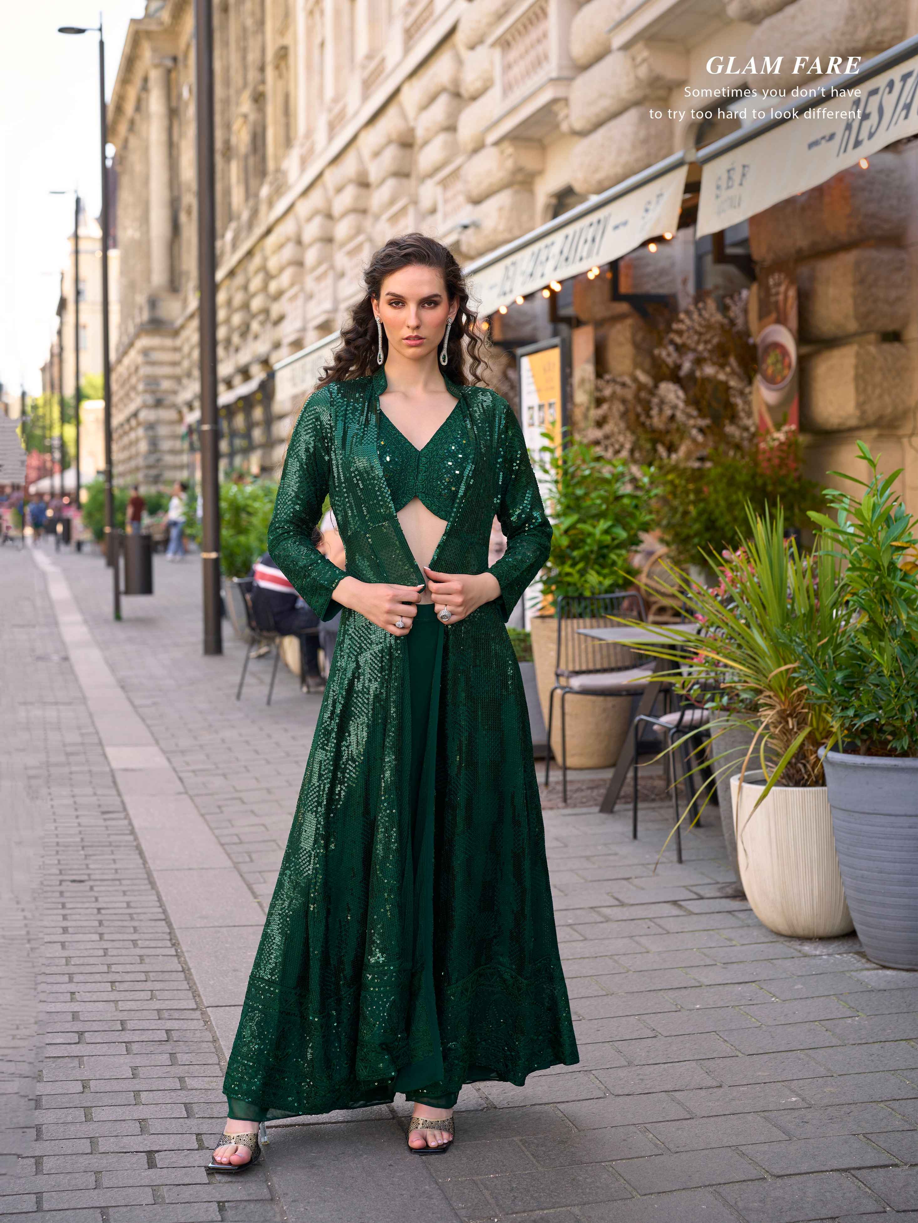 Dark Green Real Georgette Floor Length Jacket Palazzo Set