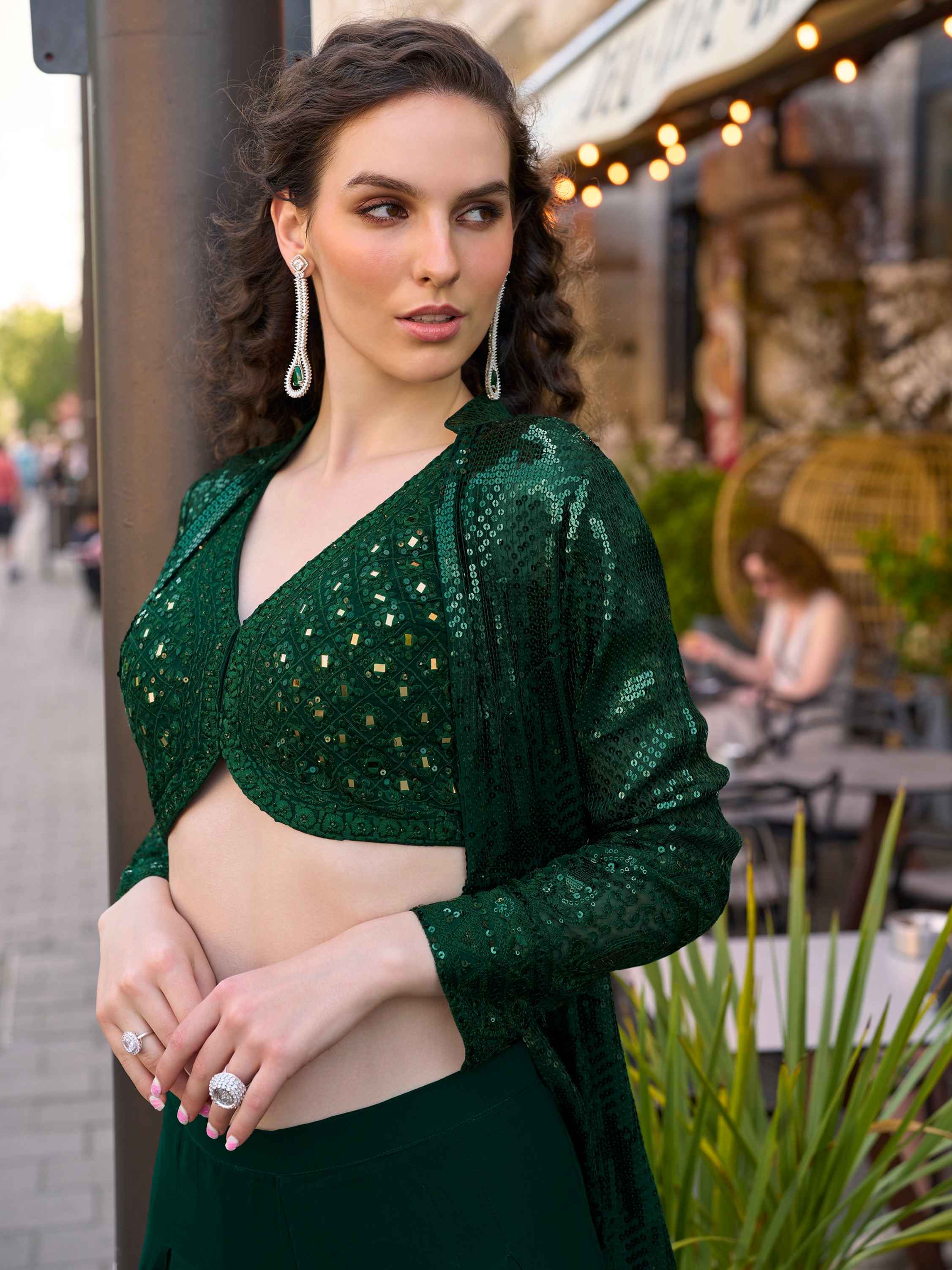 Dark Green Real Georgette Floor Length Jacket Palazzo Set