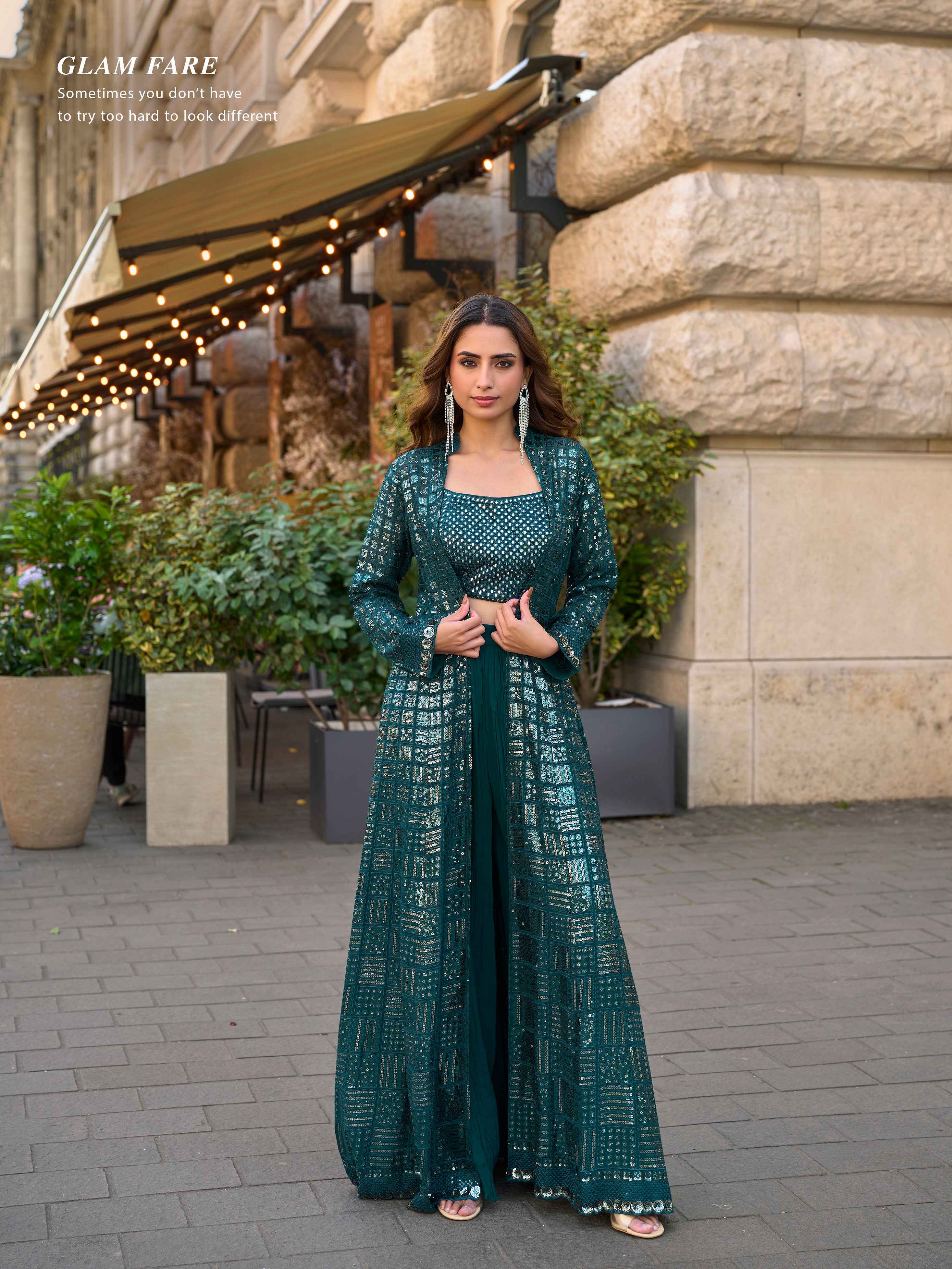 Teal Green Real Georgette Designer Jacket Palazzo Set